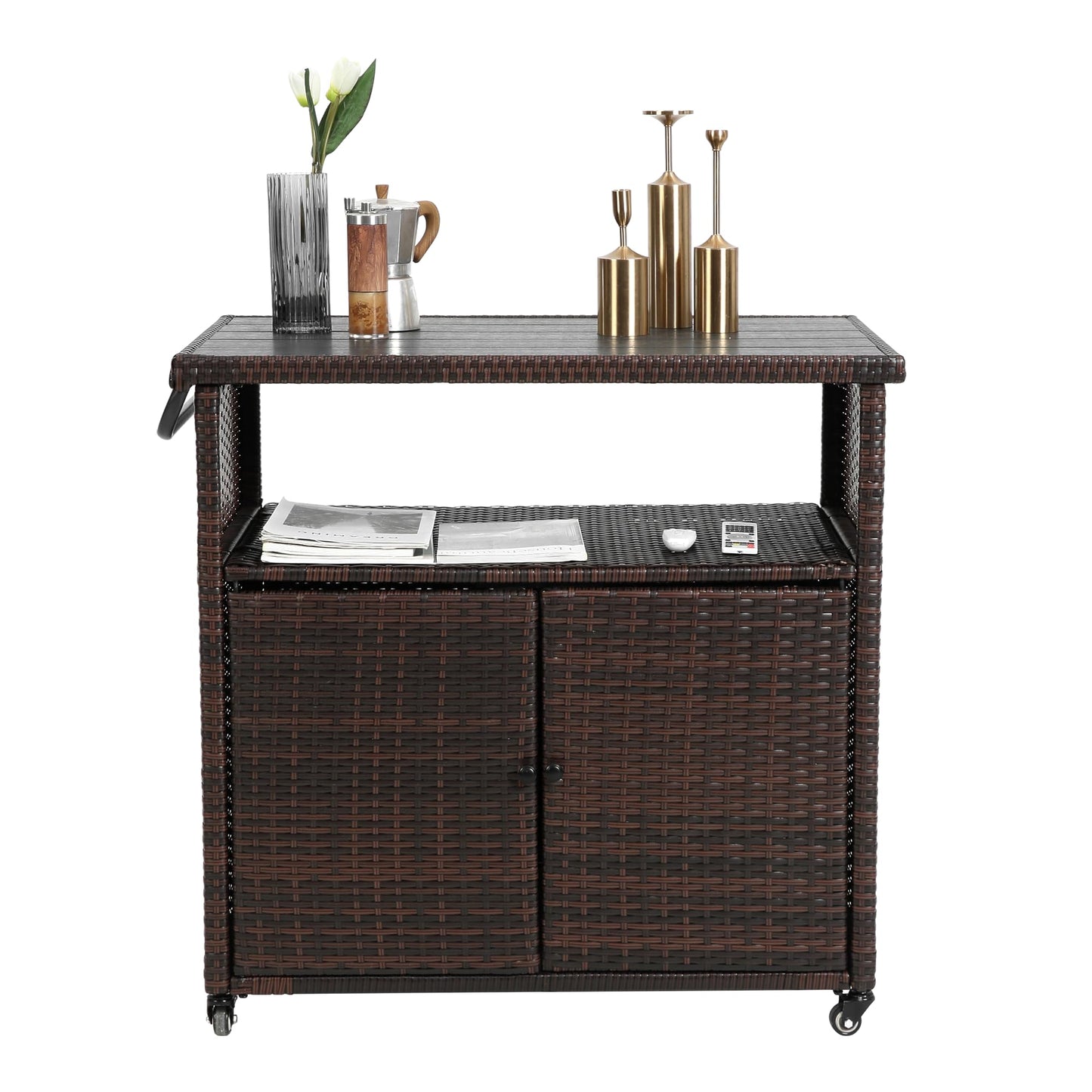 GDFStudio Outdoor Wicker Bar Cart with Wheels, Patio Rolling Rattan Beverage Serving Cart with Plastic Wood Top, Storage Cabinet Wine Trolley for Backyard, Garden, Poolside, Porch Party, Light Brown