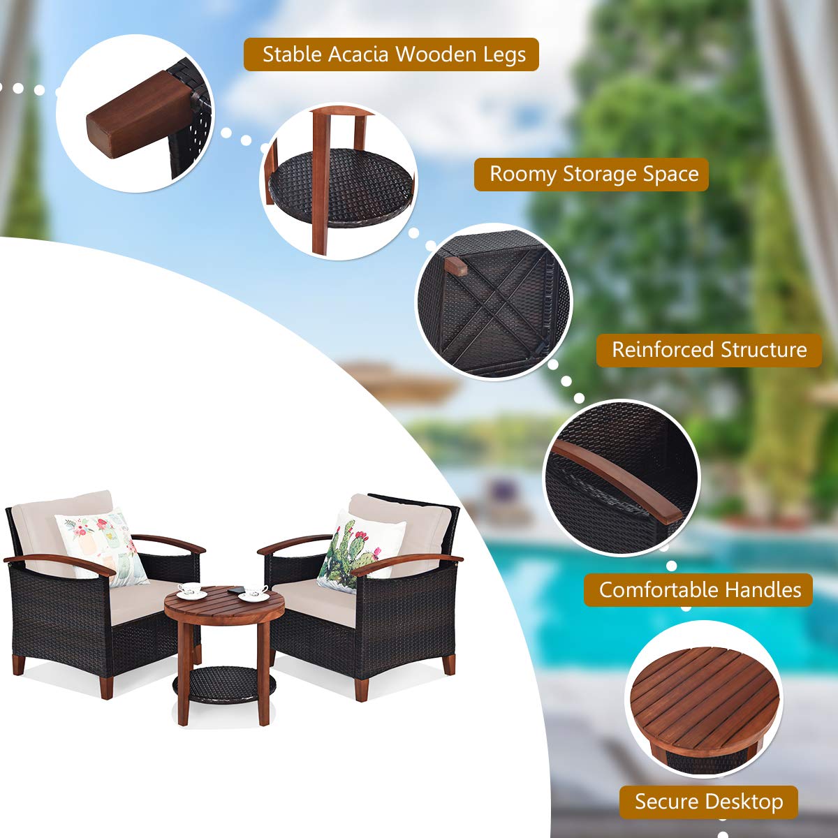 HAPPYGRILL 3 Pieces Patio Conversation Set Outdoor Rattan Wicker Sofa Set with Cushion & Acacia Wood Frame, Coffee Table and Chairs Set for Garden Poolside Balcony