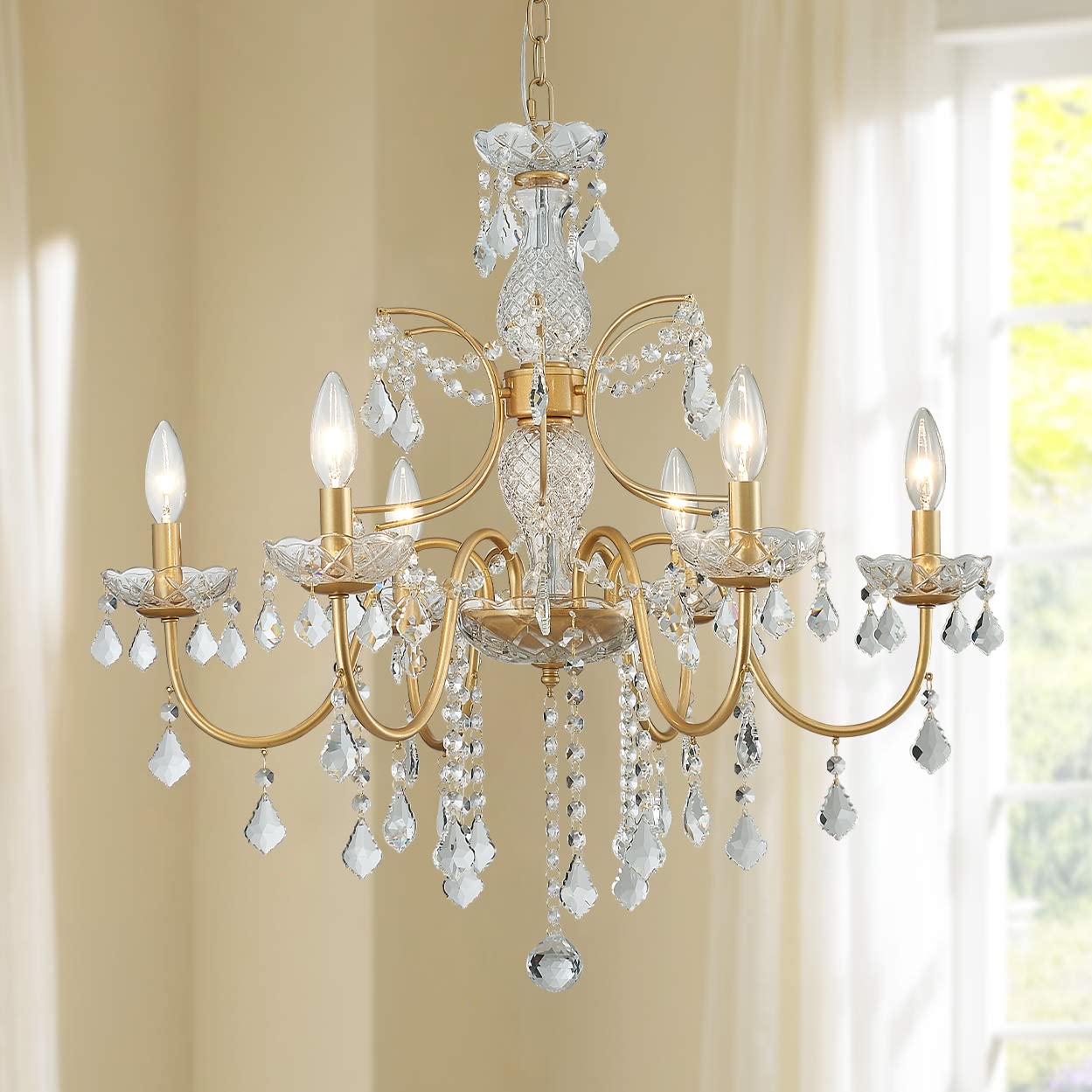 Bestier Crystal Candle Candelabra Chandelier 6 Light Pendant Light 26in Diameter x 26in Height Gold Finish Model AK-AJ-18174