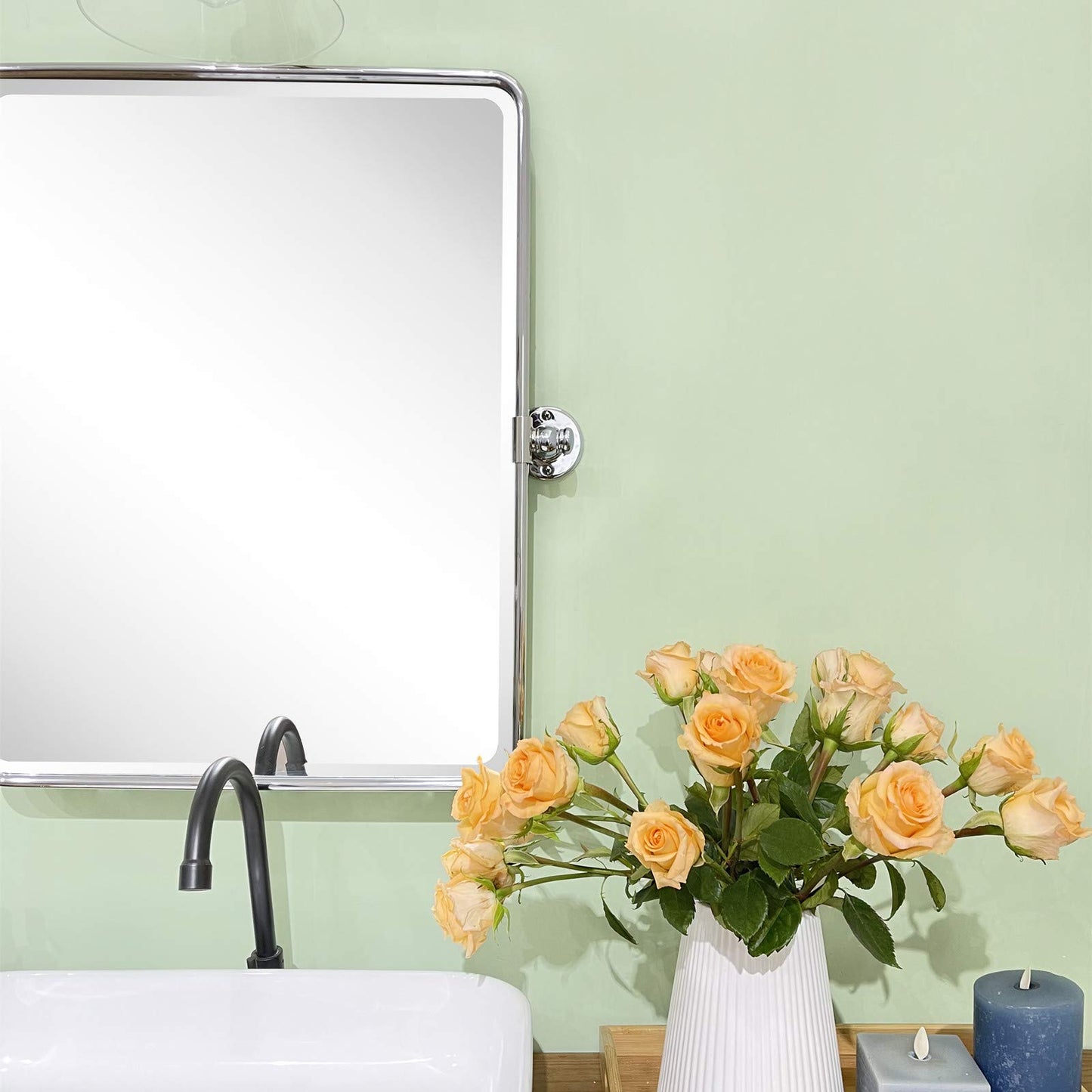TEHOME Horizontal Pivot Bathroom Mirror Tilting Chrome Metal Framed Pivot Rectangle Rounded Rectangluar Vanity Mirrors for Wall, Overall 38.91 x 23 inches (Mirrror 35 x 23 inches)