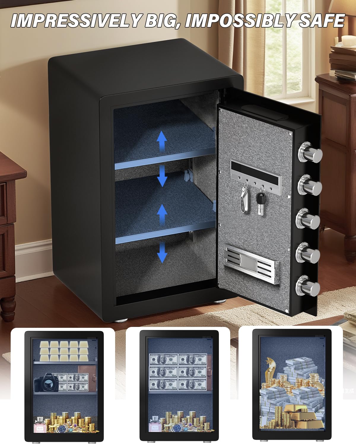 Kavey 2.5 Cub Safe Box, Large Home Safe with Fireproof Waterproof Bag, Security Safes with Backlit Touch Screen Keypad, Dual Alarm System and Mute Function for Home Office 13"D x 14.96"W x 21.65"H