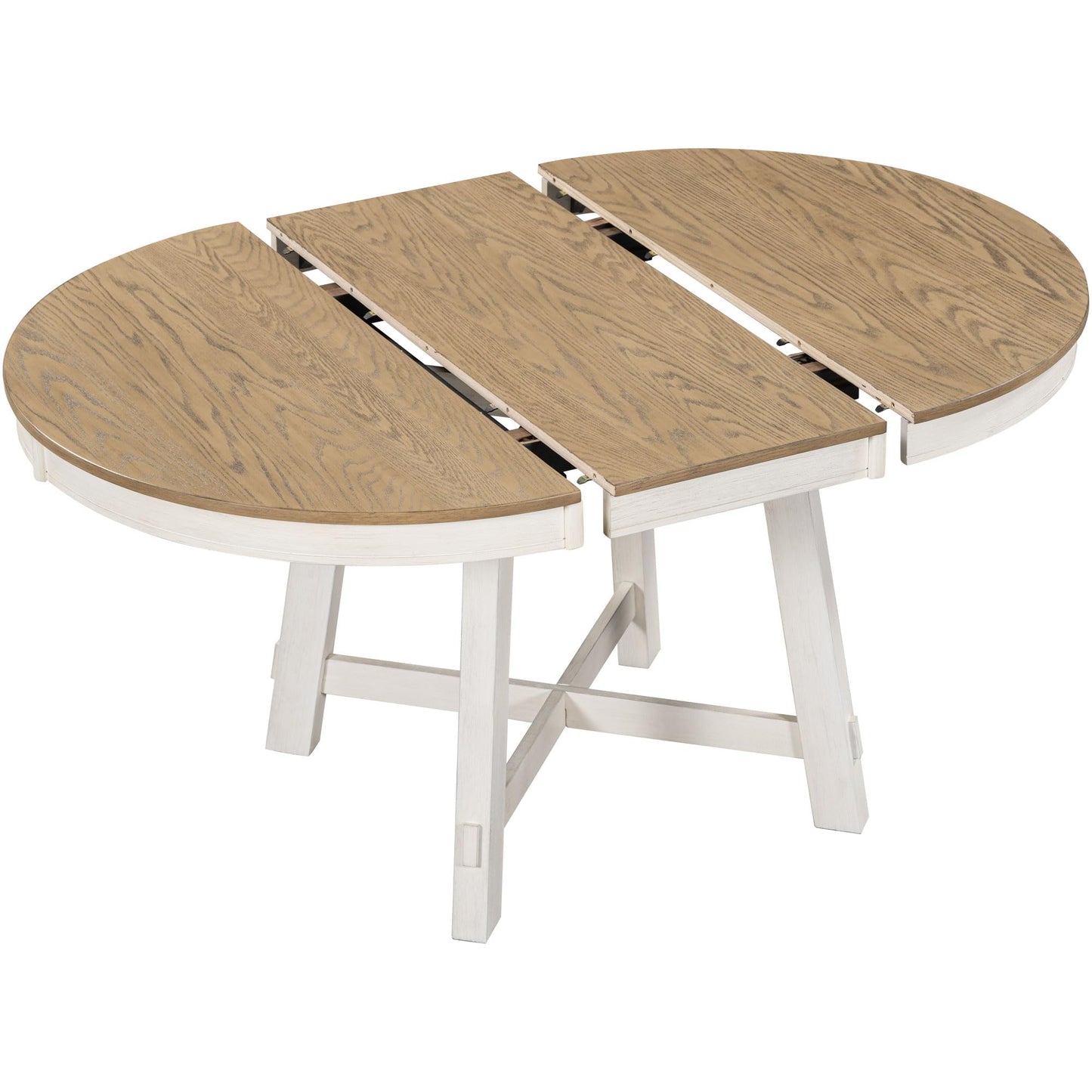 GDFStudio 42"-58" Farmhouse Extendable Dining Table for 4-6, Solid Wood Round Dining Table with 16" Leaf & X-Shaped Base, Kitchen & Dining Room Table, Space Saving, Oak Natural Wood+Antique White
