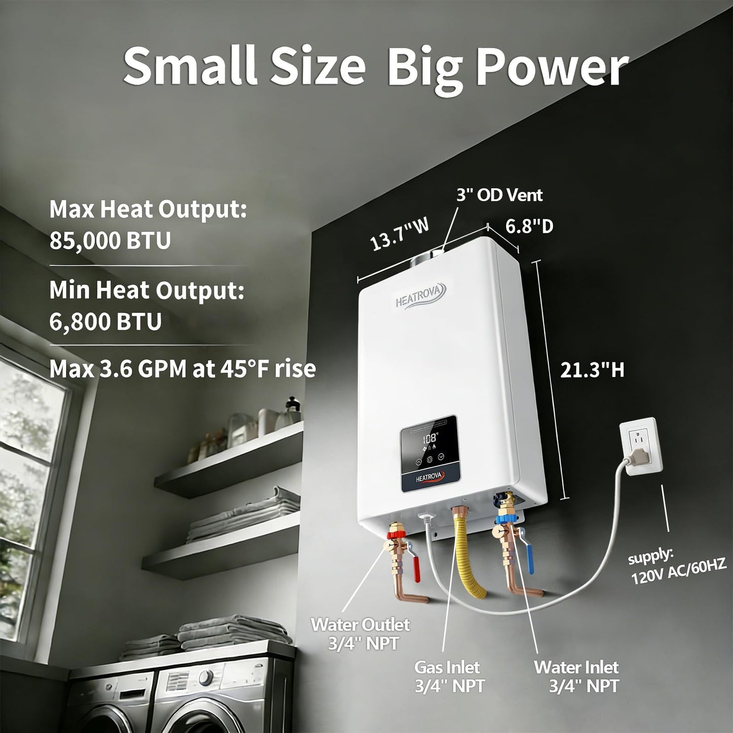 Natural Gas Tankless Water Heater Indoor, 3.6 GPM 85,000 BTU,Instant Hot Water, Constant Temperature,Pure Copper Heat Exchanger, On-Demand for 2–3 Fixtures, Apartment & Home Use