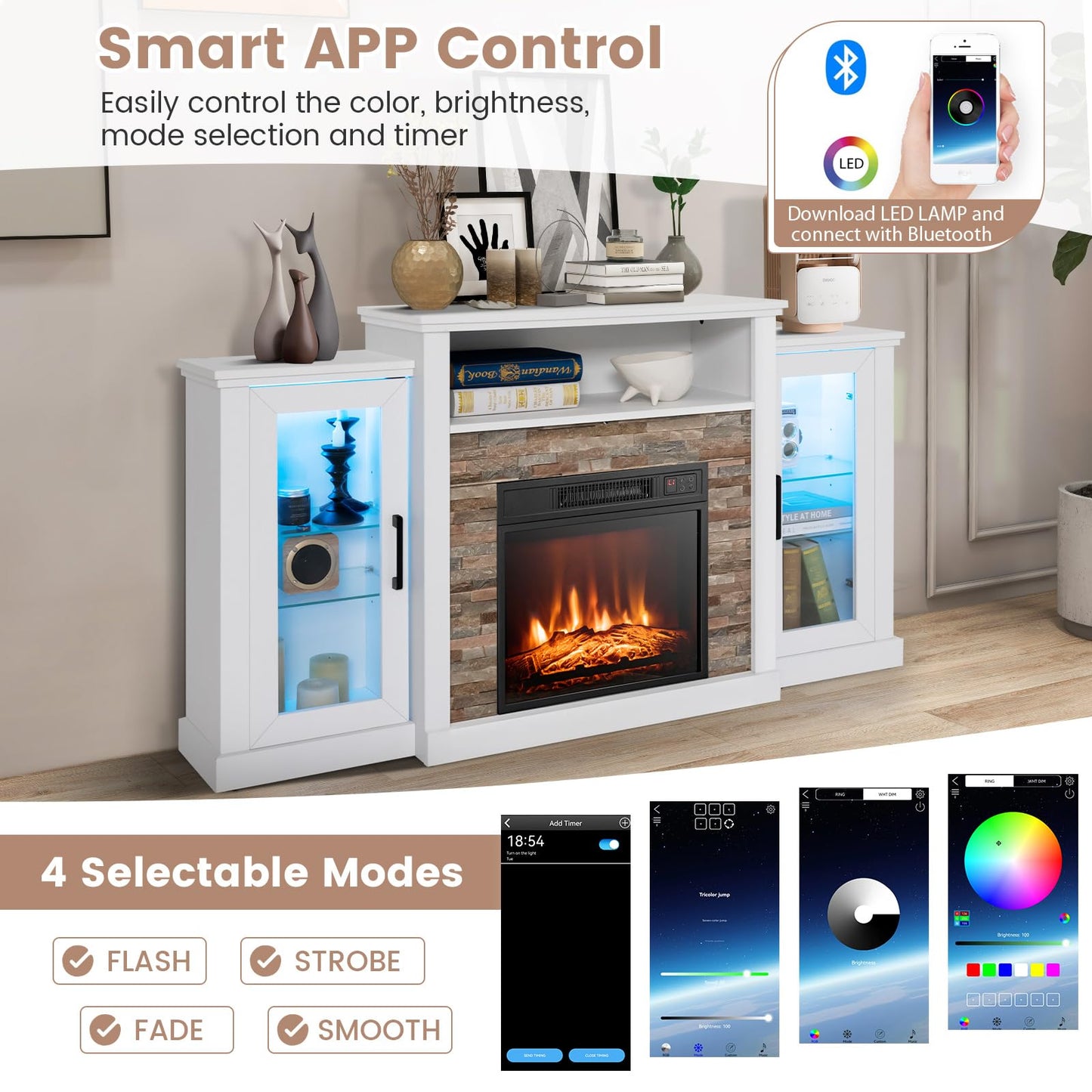 Tangkula Electric Fireplace TV Stand, Electric Fireplace Mantel with 16-Color Led Lights, Adjustable Glass Shelves, Remote & Smart APP Control, TV Console for Living Room