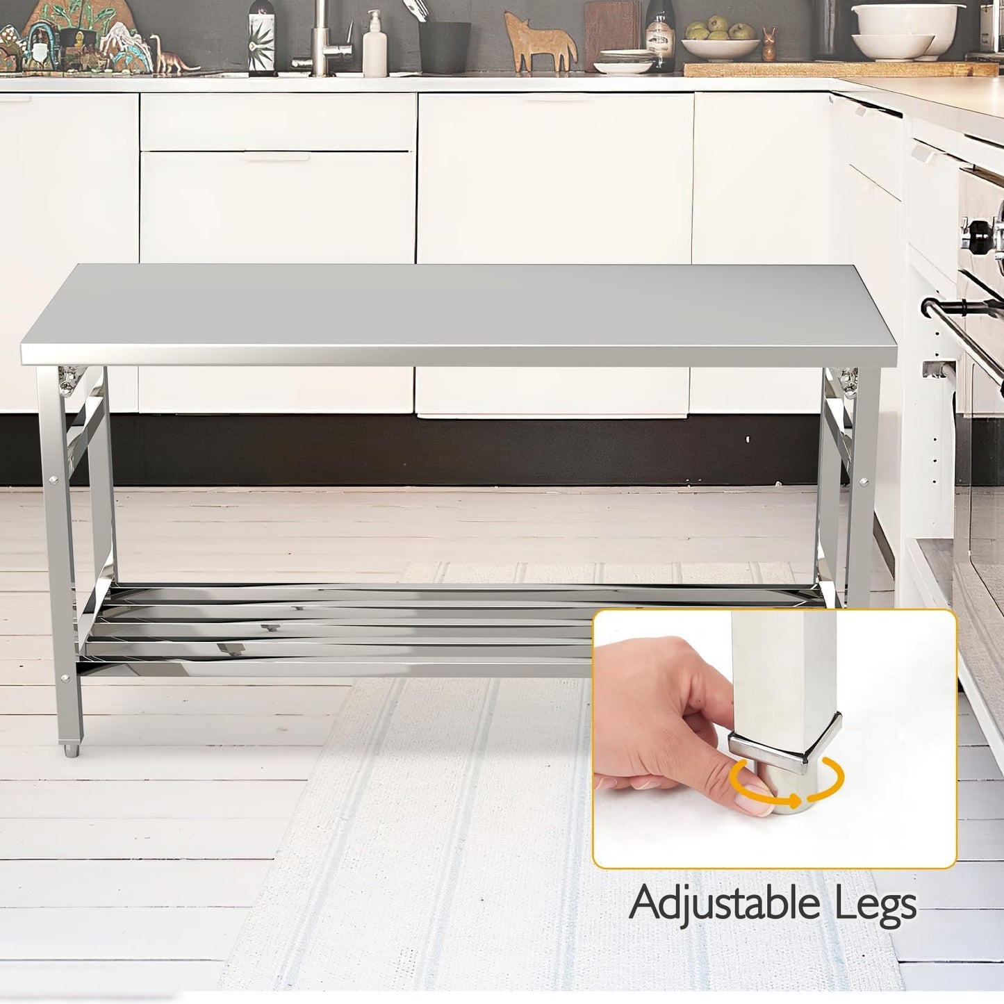 60" X 24" Stainless Steel Folding Table, NSF Commercial Work Table, Heavy Duty Prep Table with Adjustable Undershelf for Restaurant, Kitchen, Food Service, Space-Saving, No Installation Required