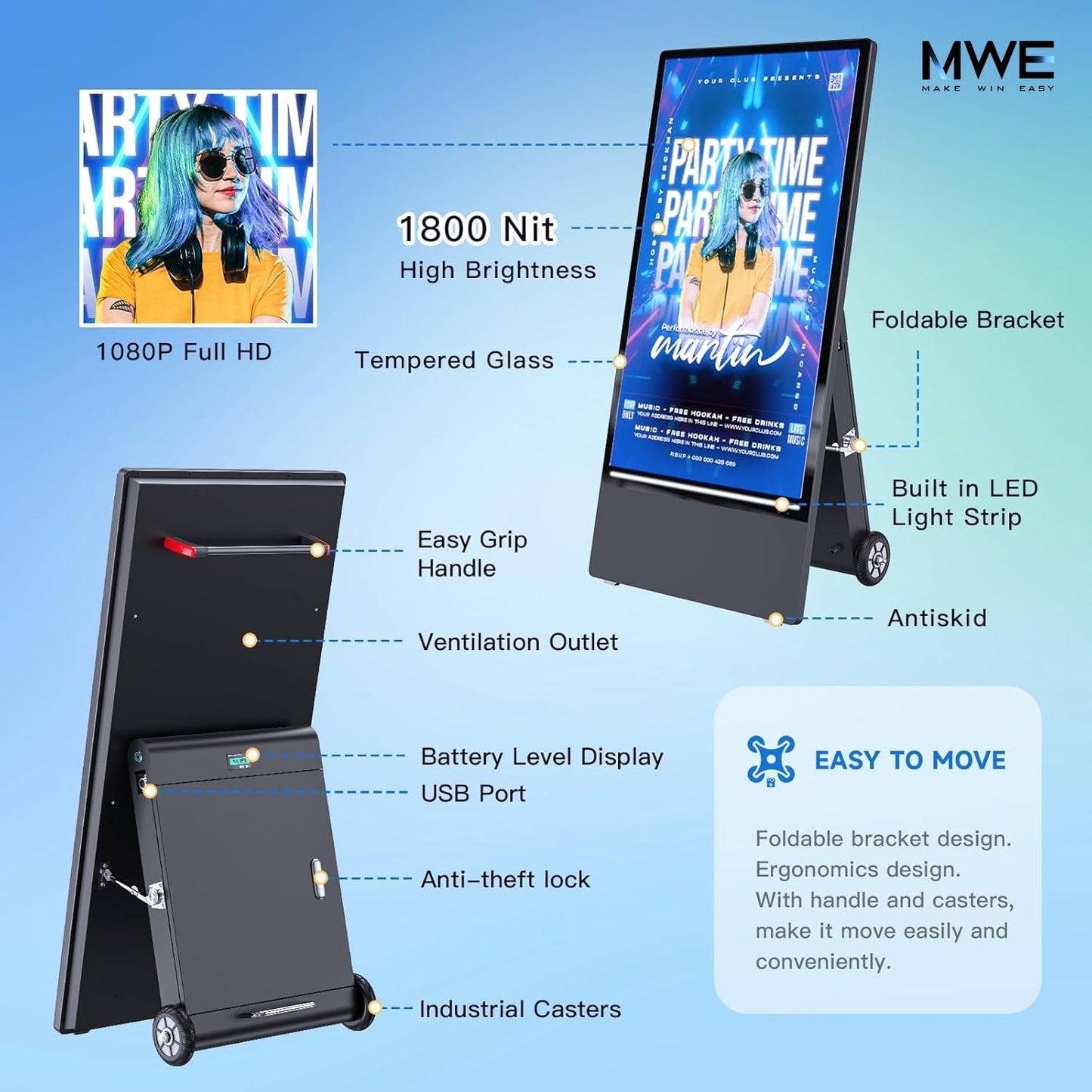 MWE 43 Inch Outdoor Digital Signage Display, Portable Battery Powered High Brightness Screen Advertising Display Kiosk, Movable Waterproof Digital Poster, Android Kiosk