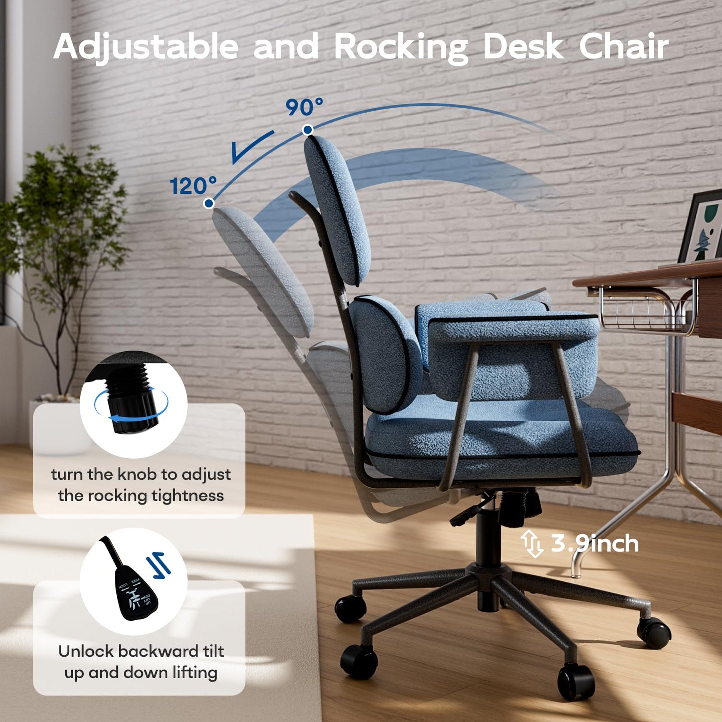 HomeZeer Blue Office Chair with Memory Foam Cushion, Fabric Office Chair with Wheels and Arms, Mid Century Modern Desk Chair with Adjustable Height and Granular Linen