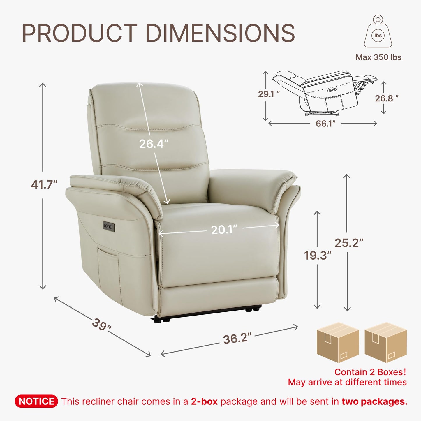 KISLOT Power Recliner Chair with Adjustable Headrest and Footrest, Dual Motor Leather Reclining Chair with USB/Type-C Charging, Zero Gravity Modern Electric Recliner for Adults Living Room Bedroom