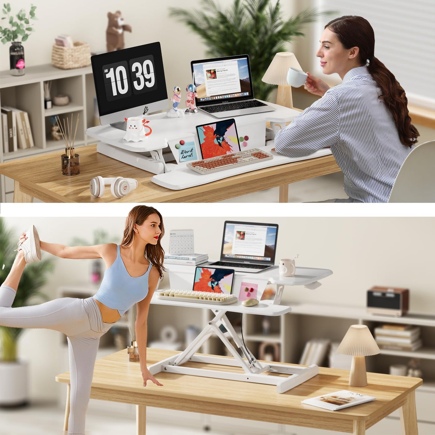 JOY worker Standing Desk Converter, 35" Height Adjustable Sit Stand Up Desk Riser with Keyboard Tray & 6 Fridge Magnets, Desktop Workstation Riser for Home Office Computer Laptop, White