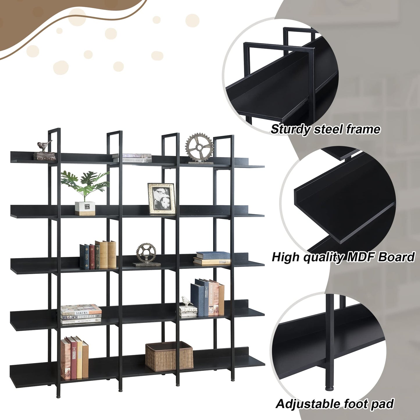 5-Shelf Bookcase, Large Open Bookshelf Modern Industrial Style, Open Display Shelves with Metal Frame for Living Room, Black