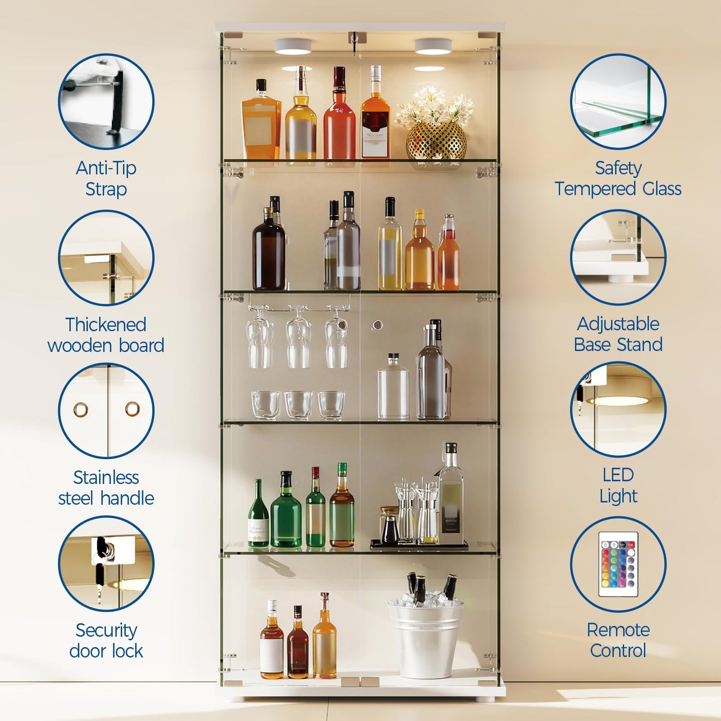 Garvee Glass Display Cabinet with LED Light, Tempered Glass Curio Collection Display Showcase with 5 Shelves and Lock, 2 Door Curio Cabinets for Living Room Bedroom Office, White