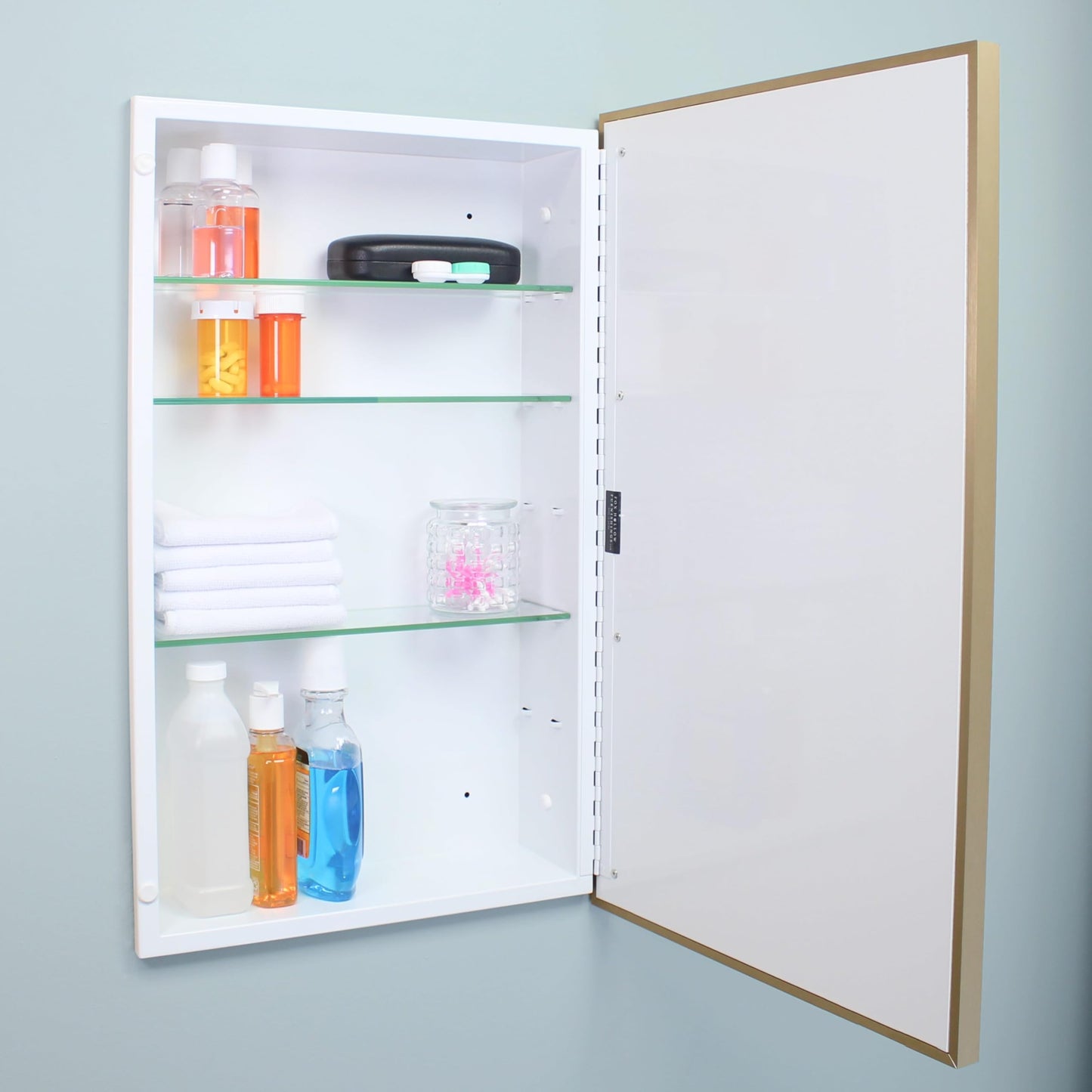 Fox Hollow Furnishings 16x26 Parker Metro Metal Framed Rectangle Recessed Bathroom Medicine Cabinet, Floating Mirror, 14x24 in-Wall Opening, Steel, Adjustable Glass Shelves, Magnet Close, Gold