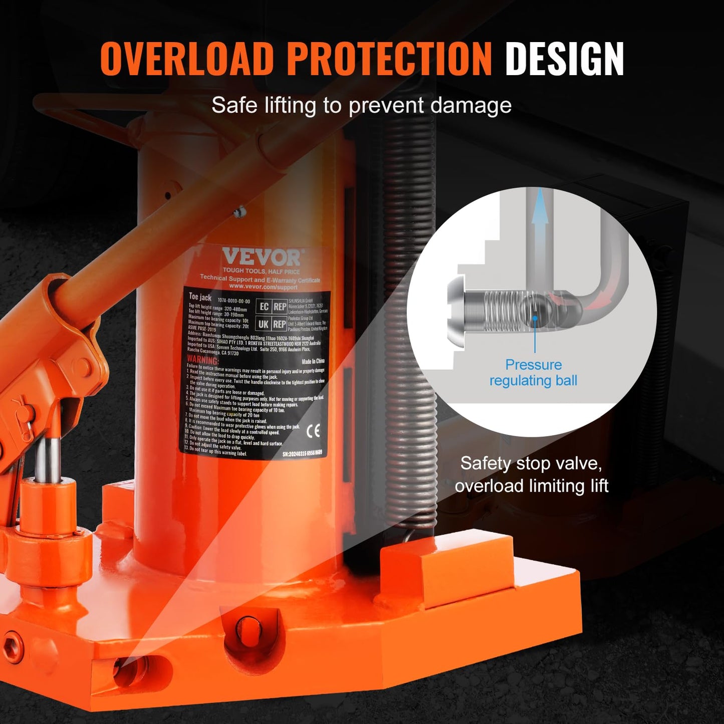 VEVOR Hydraulic Toe Jack, 10 Ton Lift, 20 Ton Capacity, 1.2-7.5 in Toe Height, 12.6-18.9 in Top Height, Air Hydraulic Claw Jack for Machinery