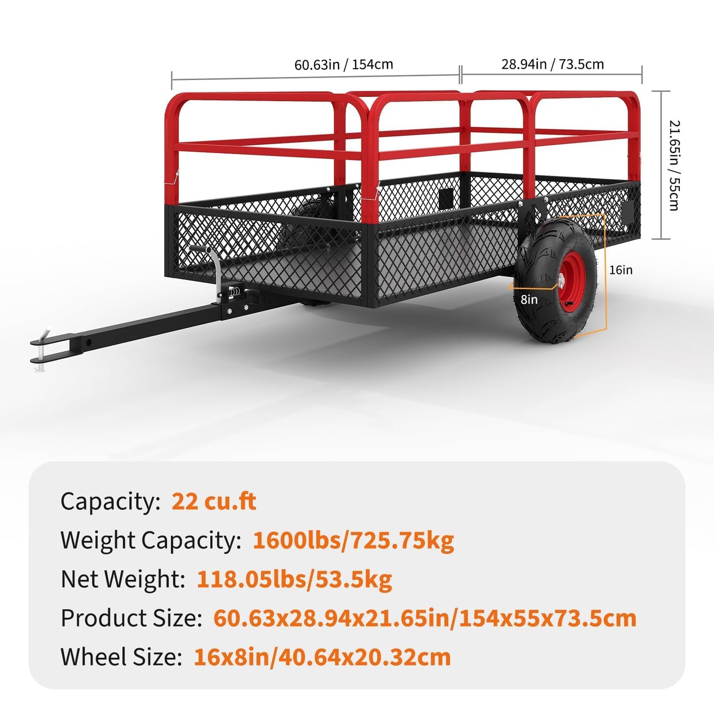 ATV UTV Trailer Tow Behind Dump Cart, 1600 lbs 22 Cubic Feet Heavy Duty Steel Dump Cart, Yard Garden Trailer Pull Behind with Removable Sides & All Terrain Tires, Fits Lawn Mower, Tractor, Garden
