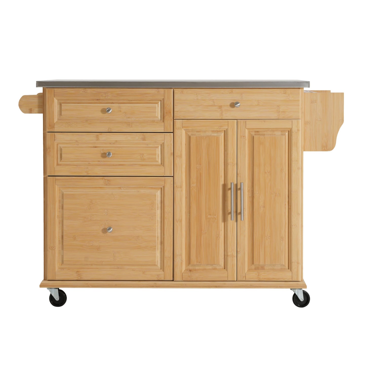 Merax Indoor Bamboo Rolling Kitchen Island with Stainless Steel Top – Mobile Cart with Drawers, Cabinet & Towel Rack for Dining & Bar