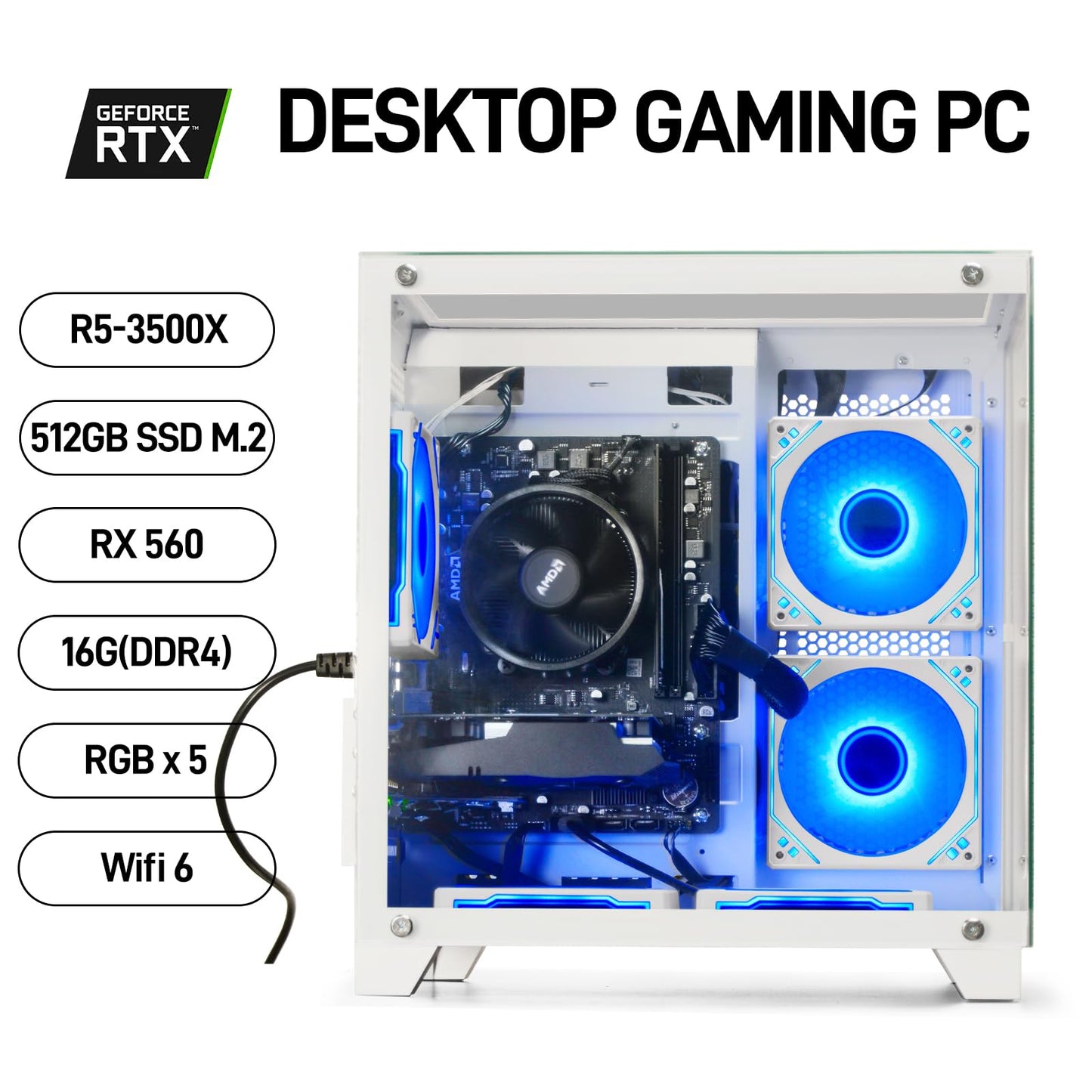 WIWB Prebuilt Gaming PC Desktop | Ryzen 5 Up to 4.1G | RX 560 4G Graphics Card | 16G DDR4 RAM | 512G SSD | Wi-Fi 6 | Tower Computer for Home Office, Student & Casual Gaming (White)