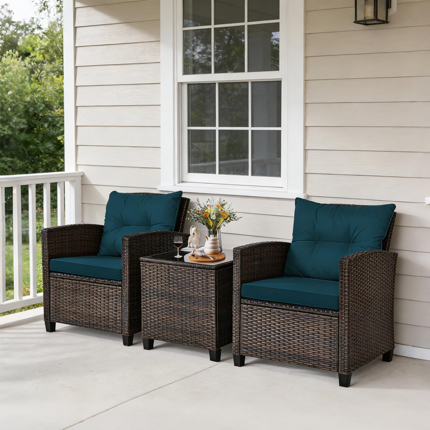 COSTWAY 3PCS Patio Furniture Set, PE Rattan Wicker Sofa w/Washable Cushion and Coffee Table, Tempered Glass Tabletop, Outdoor Conversation Set for Balcony, Porch, Yard, Backyard, Lawn (Blue)