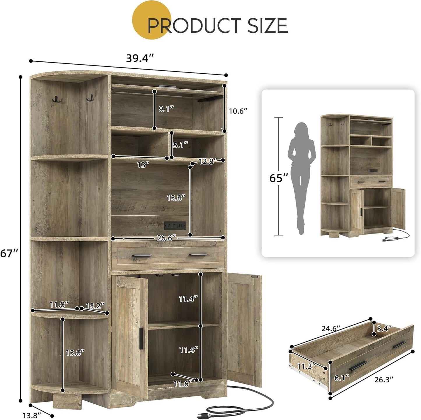 YITAHOME Kitchen Pantry Storage Cabinet, 67" Tall Kitchen Hutch with Outlet & Door & Shelves & Drawer, Farmhouse Wooden Microwave Stand Buffet Coffee Bar for Home Living Dining Room, Antique Gray