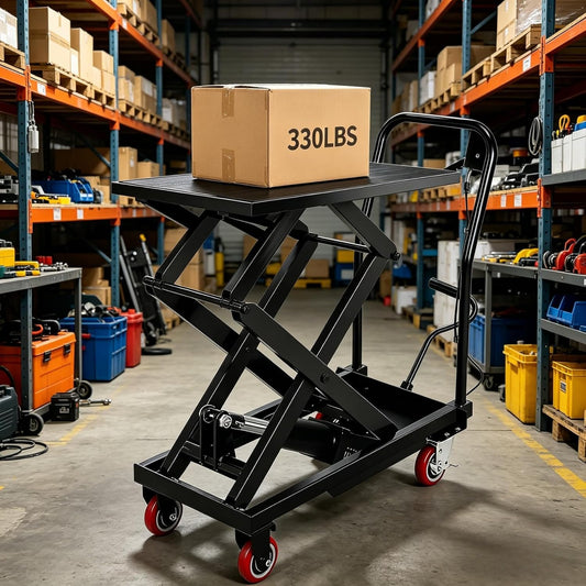 330 lbs Capacity Hydraulic Lift Table Cart,Manual Double Scissor Lift with 50" Maximum Lifting Height, Locking Swivel Casters, Non-Slip Platform, Ideal for Material Handling in Warehouse, Garage, or S