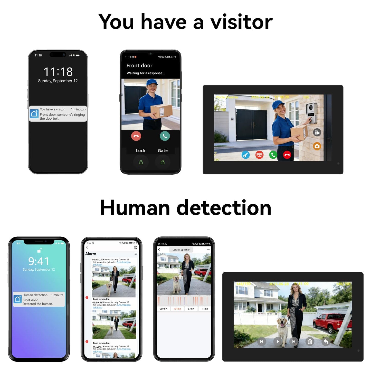 Wired Video Doorbell Apartment Intercom System, 1080P Doorbell Camera, 7-inch Touch Screen, Night Vision, Remote Unlock, Two-Way Intercom for Villa, Home, Office, with 1 Camera and 2 Monitors