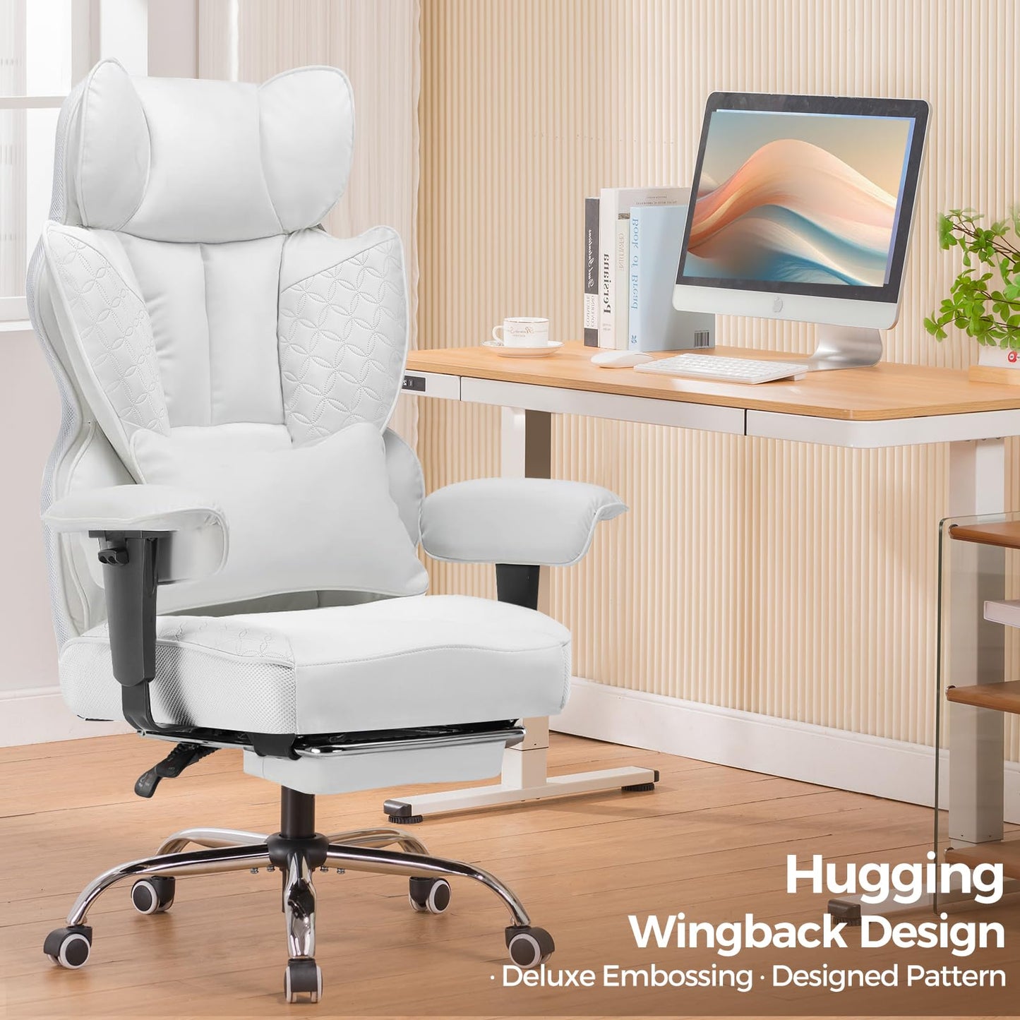 GTPLAYER Big and Tall Gaming Chair 400lbs Heavy Duty Office Chair with Foot Rest & Ergonomic Pocket Spring Lumbar Support, High Back Executive Computer Desk Chair for Lower Back Pain Relief, White