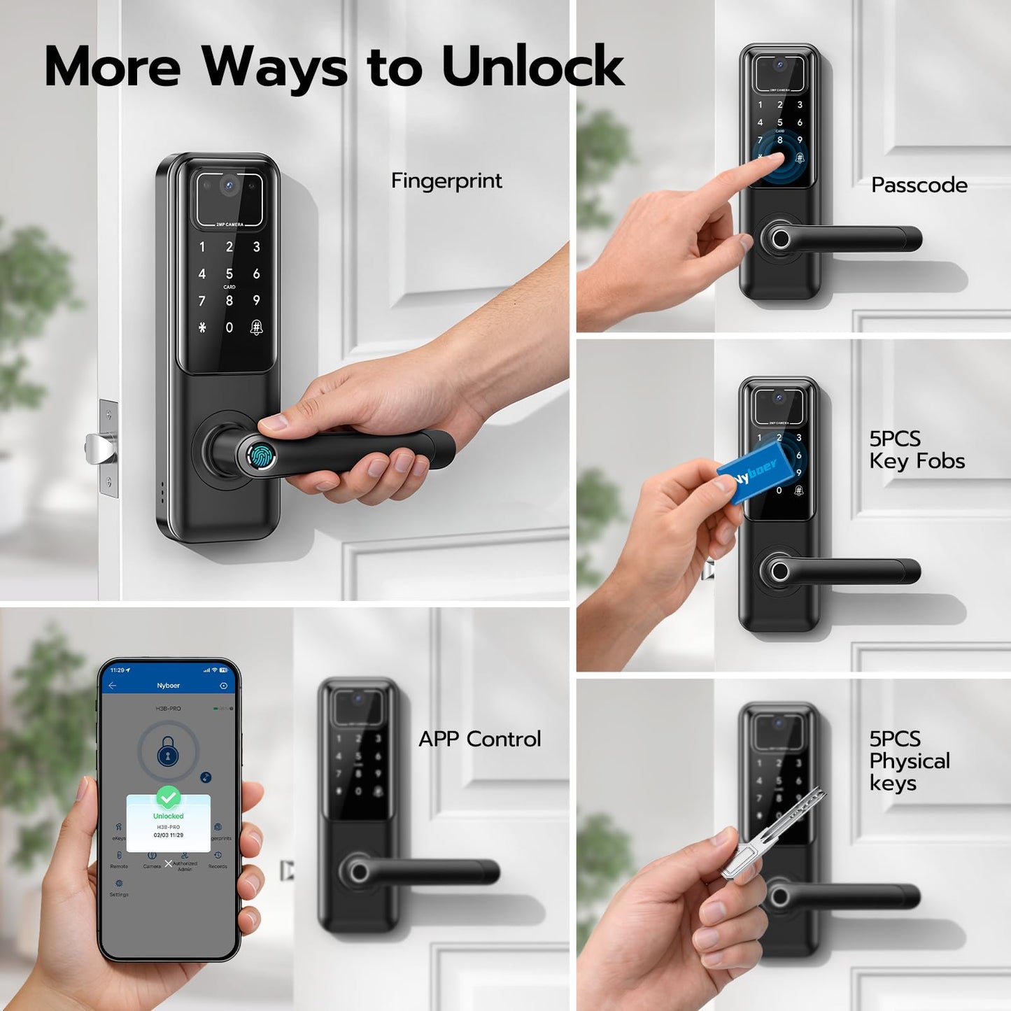 WiFi Video Smart Door Lock with Camera & Doorbell, Keyless Entry Fingerprint Lock with Handle for Front Door, Nyboer Keypad Electronic Digital with Rechargeable Lithium Battery, Easy Installation