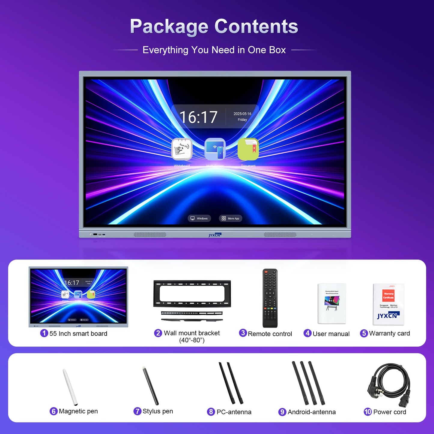 55" Smart Board, 8 + 256 GB Digital Interactive Whiteboard Display Built-in Windows10 & Android 11 Dual System with 4K Touchscreen, Electronic Smartboard for Classroom Office Home (Board Only)
