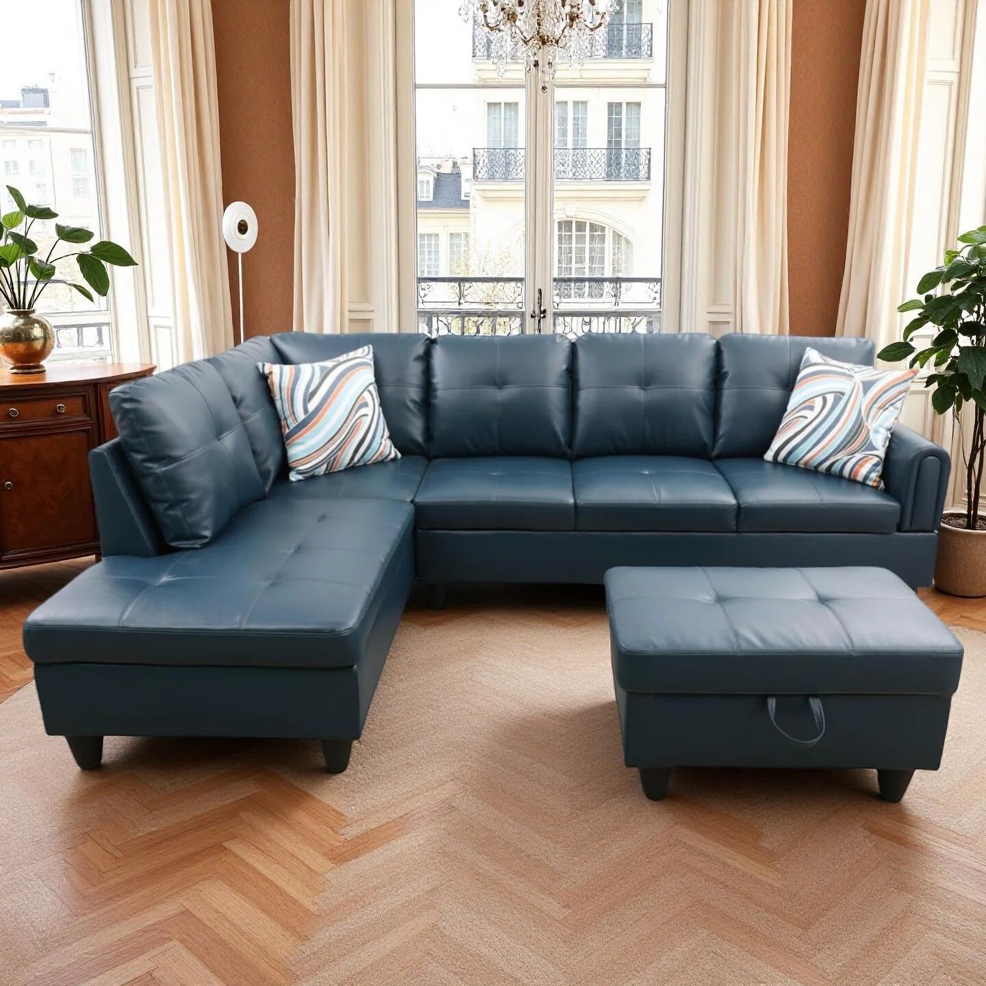 Trygoal 97" L Shaped Couch Sectional Couches with Chaise and Storage Ottoman, 3 Pieces Modular Convertible Sofa for Living Room Furniture Sets and Small Apartment Faux Leather, Grey Blue