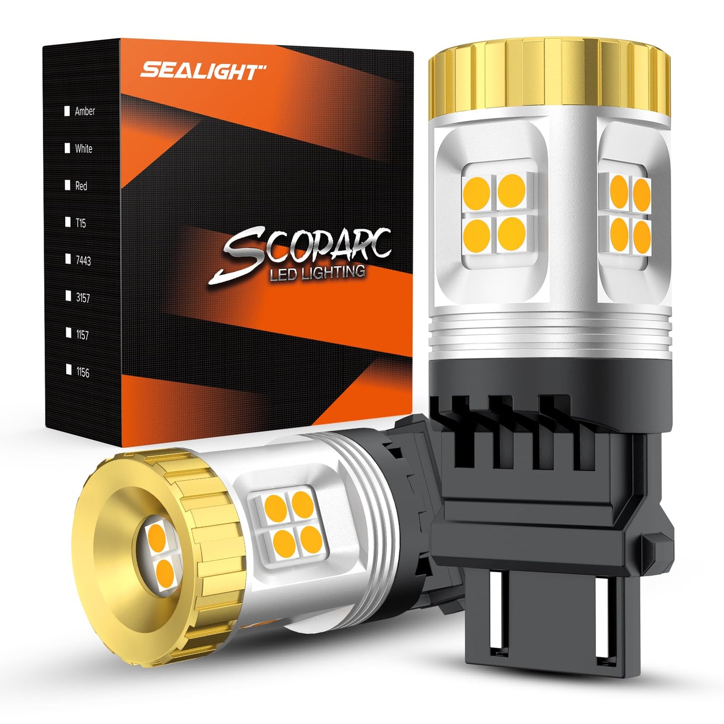 SEALIGHT 3157 LED Bulb, Amber Yellow, 1200% Brightness, Aluminum, Model J7, 2PCS