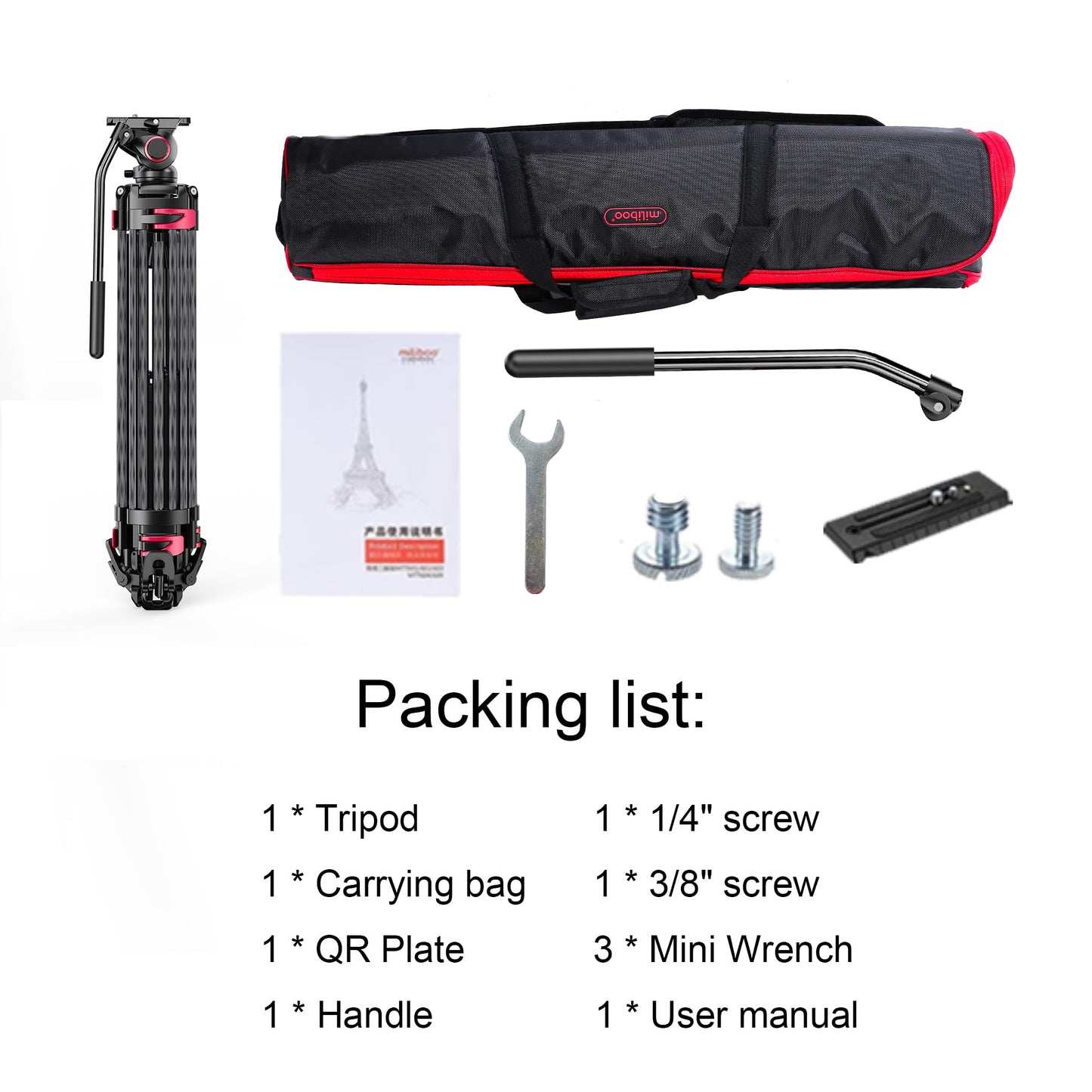 miliboo Carbon Fiber Tripod,Camera Tripods Stand with Infinitely Damped Head,Professional Photography Equipment Kit,75mm Bowl,Max Load 33 lbs,Heavy Duty Tripod with Ground Extender（MTT609B）