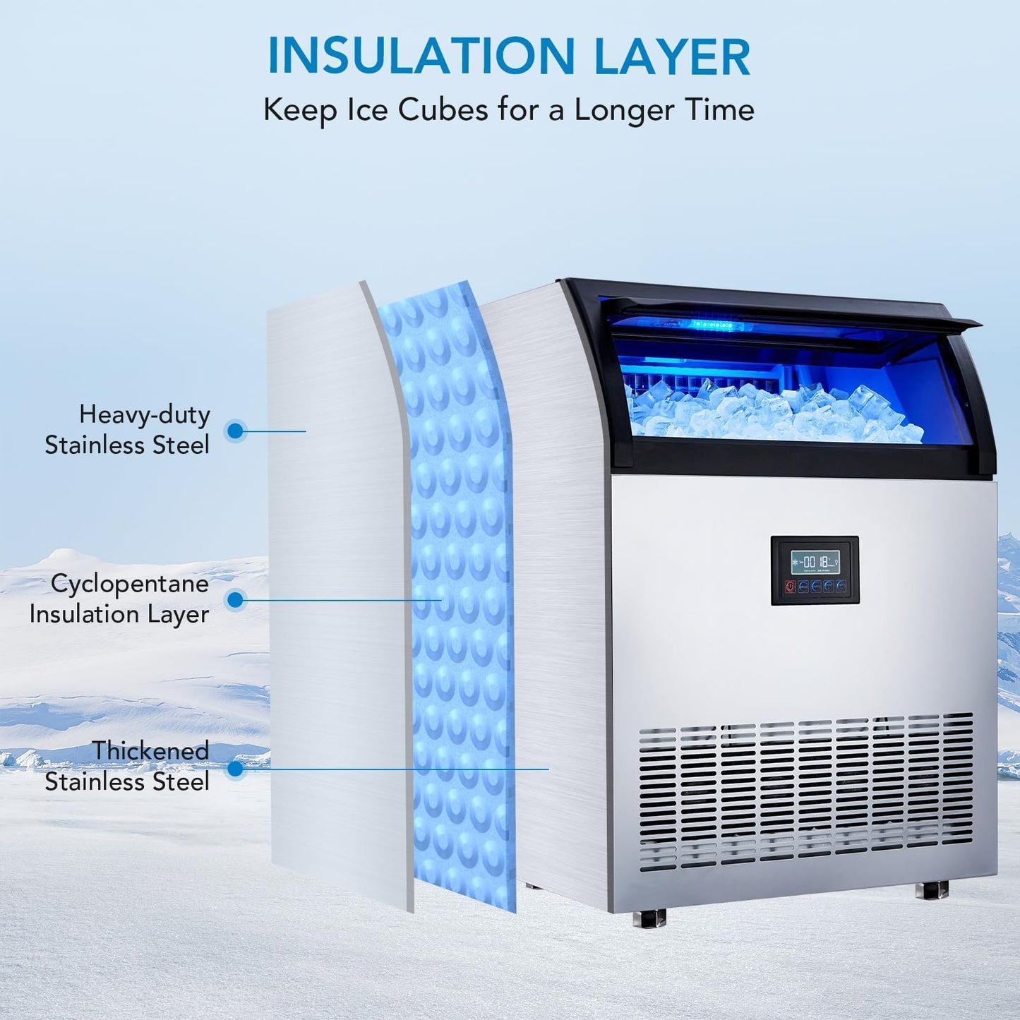 High-Efficiency Commercial Ice Machine – 200 lbs/24h Production, 55 lbs Storage, 126 Cubes/12 Min, LED Panel, Built-in Filter, for Home, Office, Bar, Parties