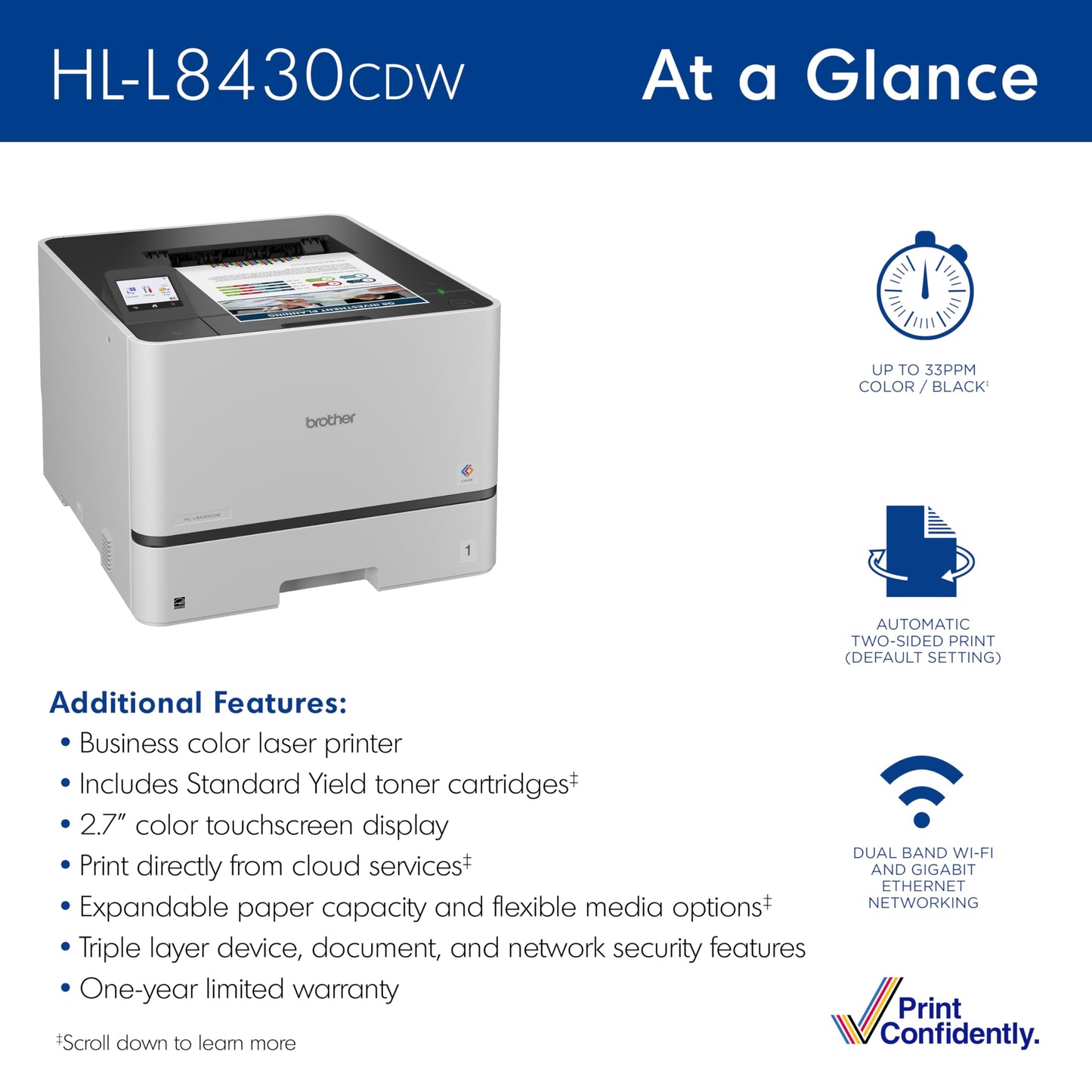 Brother HL-L8430CDW Business Color Laser Printer with Low-Cost Printing and Wireless Networking