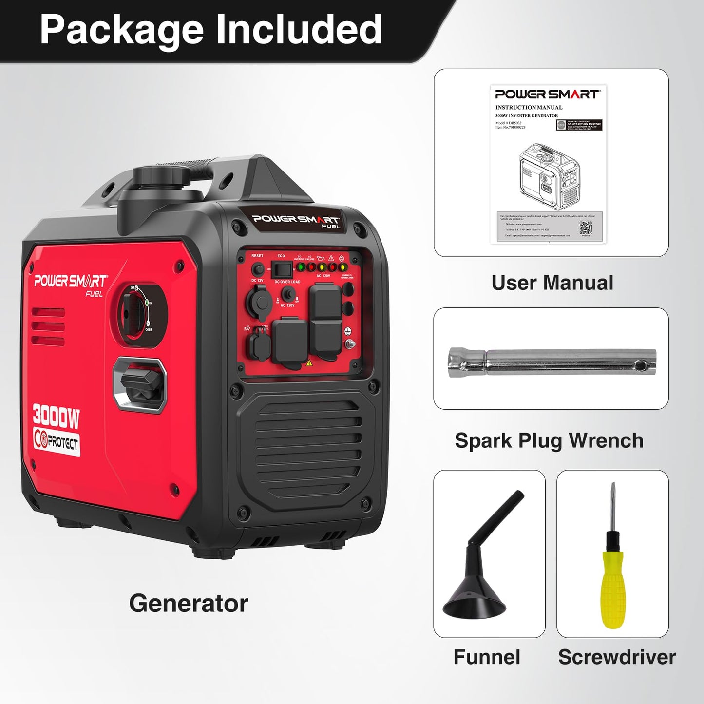 PowerSmart 3000W Portable Inverter Generator, Gas Powered with CO Alarm, Parallel Ready, 121.6cc 4-Stroke OHV Engine, Super Quiet for RV Camping and Home Emergency Backup