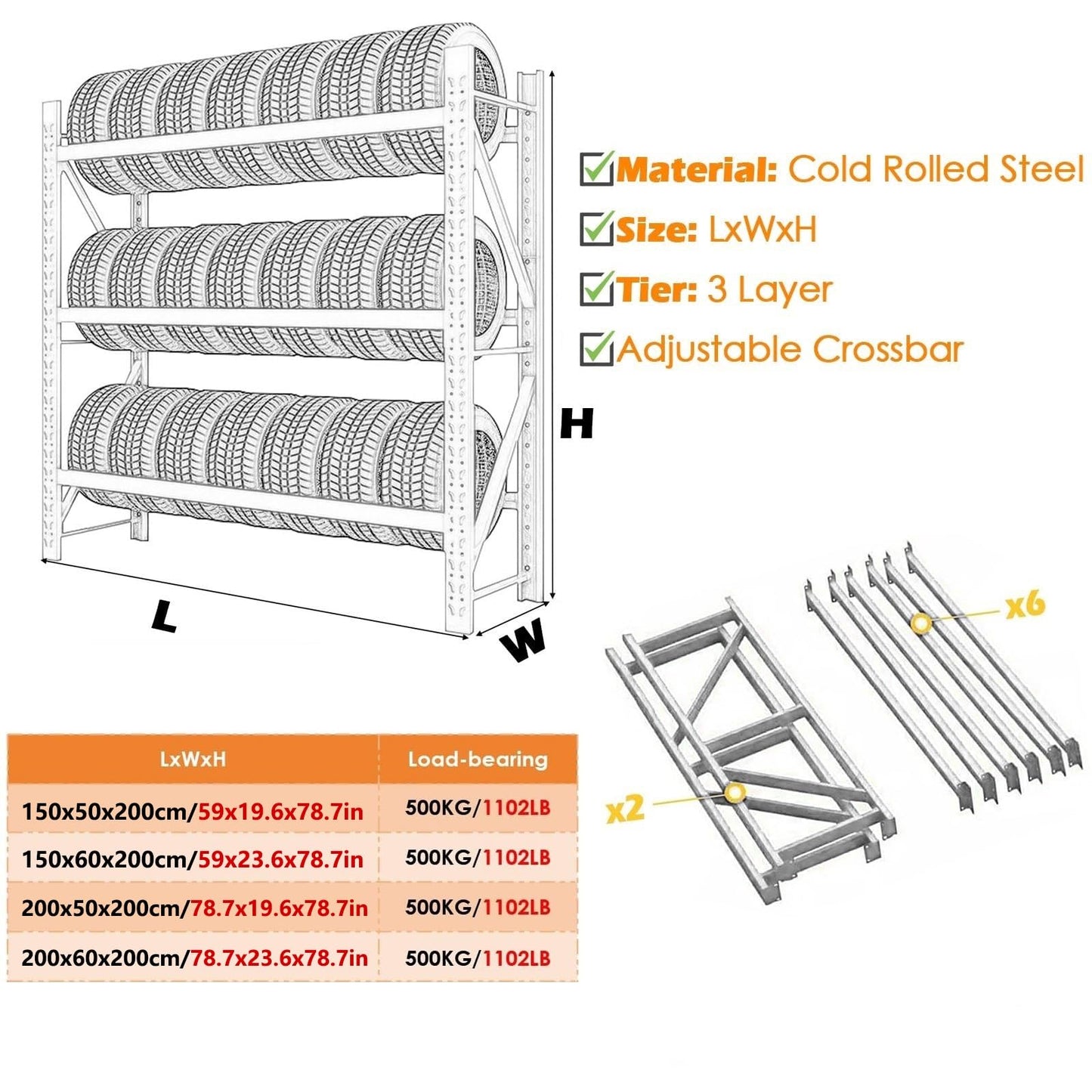 AOCDNEK Tire Rack, 3 Tiers Adjustable, 1100lb Load Capacity, for Garage, Auto Repair Shop, White(78.7x23.6x78.7in)