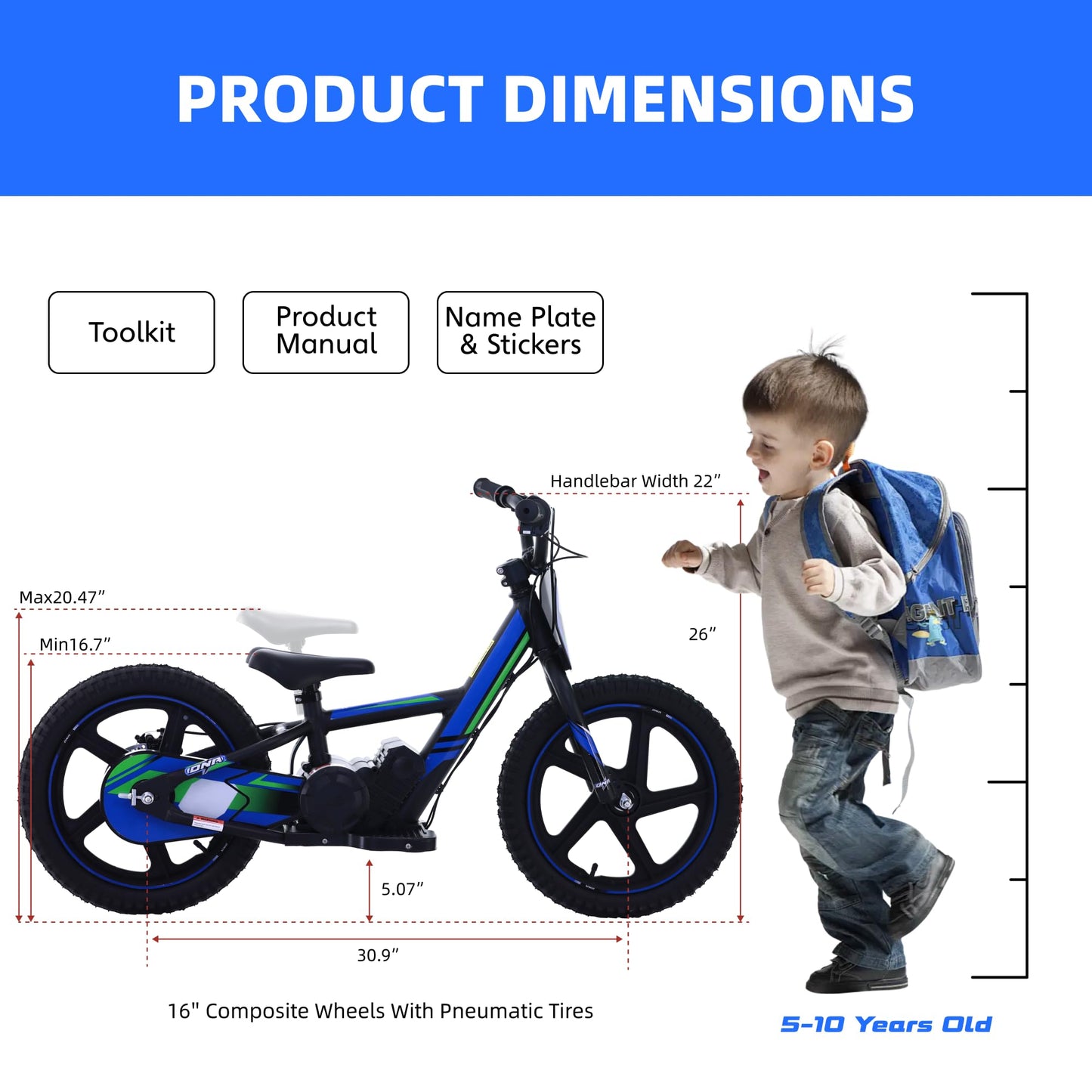OLALA Electric Dirt Bike for Kids Aged 5-10, 340W Racing Grade Electric Motorcycle with Aluminum Frame, Up to 12MPH & 3 Speed Settings, Safe Disc Brakes, 16IN Knobby Tires
