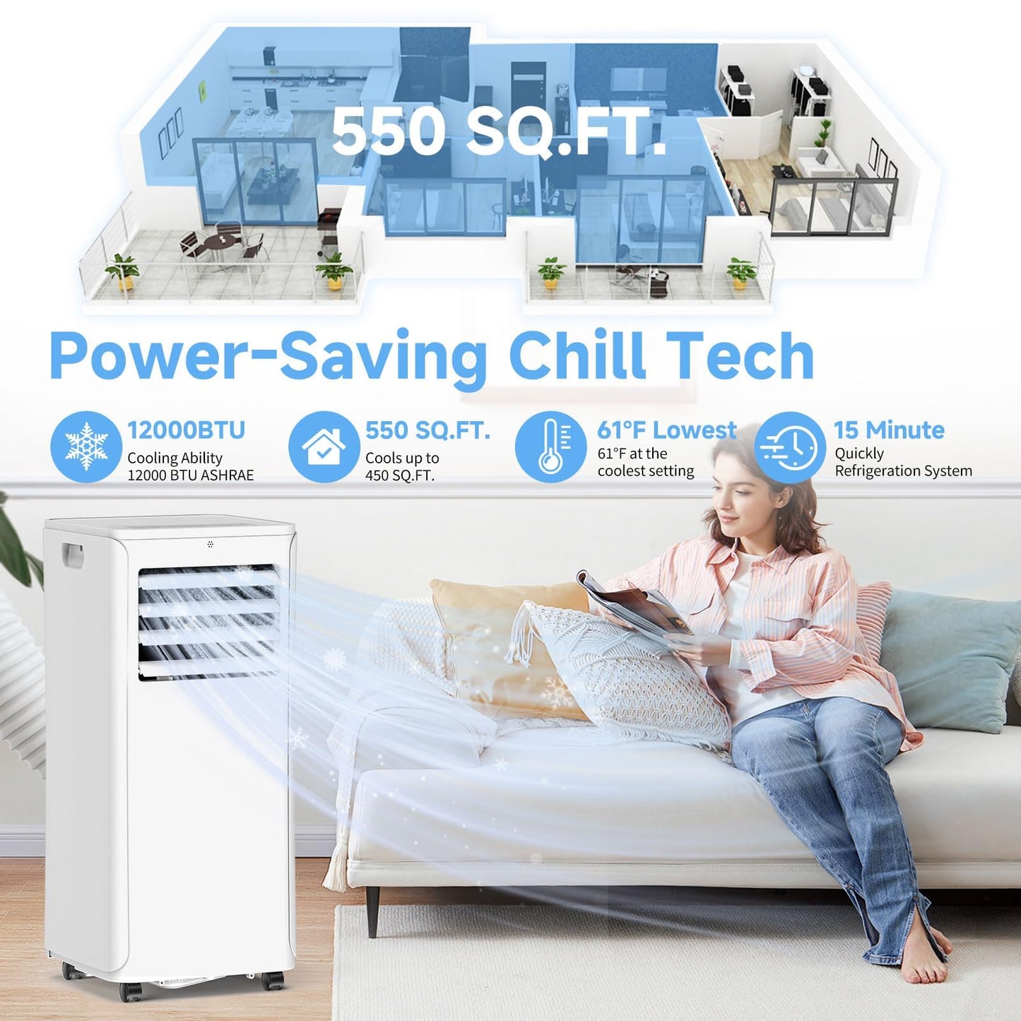 Portable Air Conditioner - 12,000 BTU 3-in-1 Cooling Unit with Dehumidifier, Fan & AC Modes - Ac Units Cools Up to 550 Sq.Ft - 24-Hour Timer, Remote Control & Window Kit Included