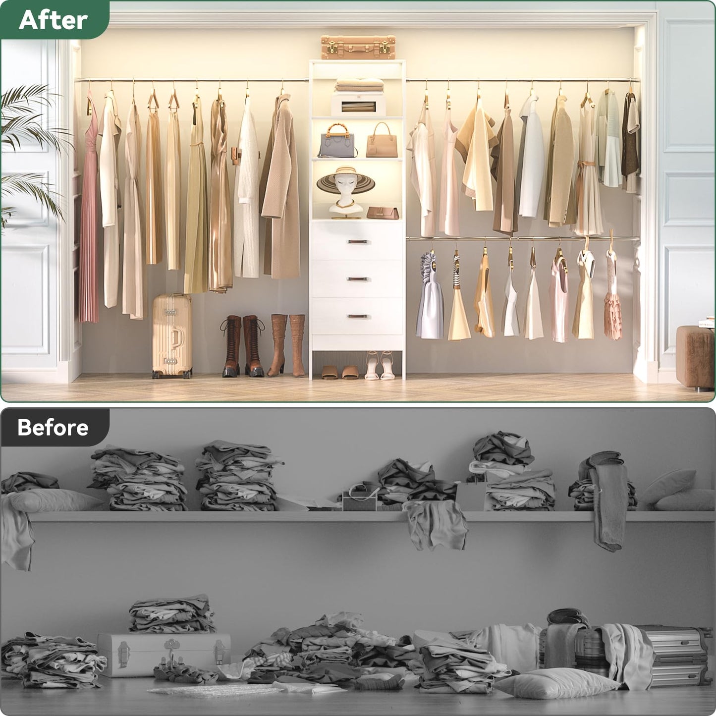 Besiost 96'' Closet Organizer System with 3 Hanging Rods, 8FT Closet Organizers and Storage with 3 Wooden Drawers, Built in Closet Organizer Systems, Adjustable Walk-in Wardrobe from 5-8FT, White