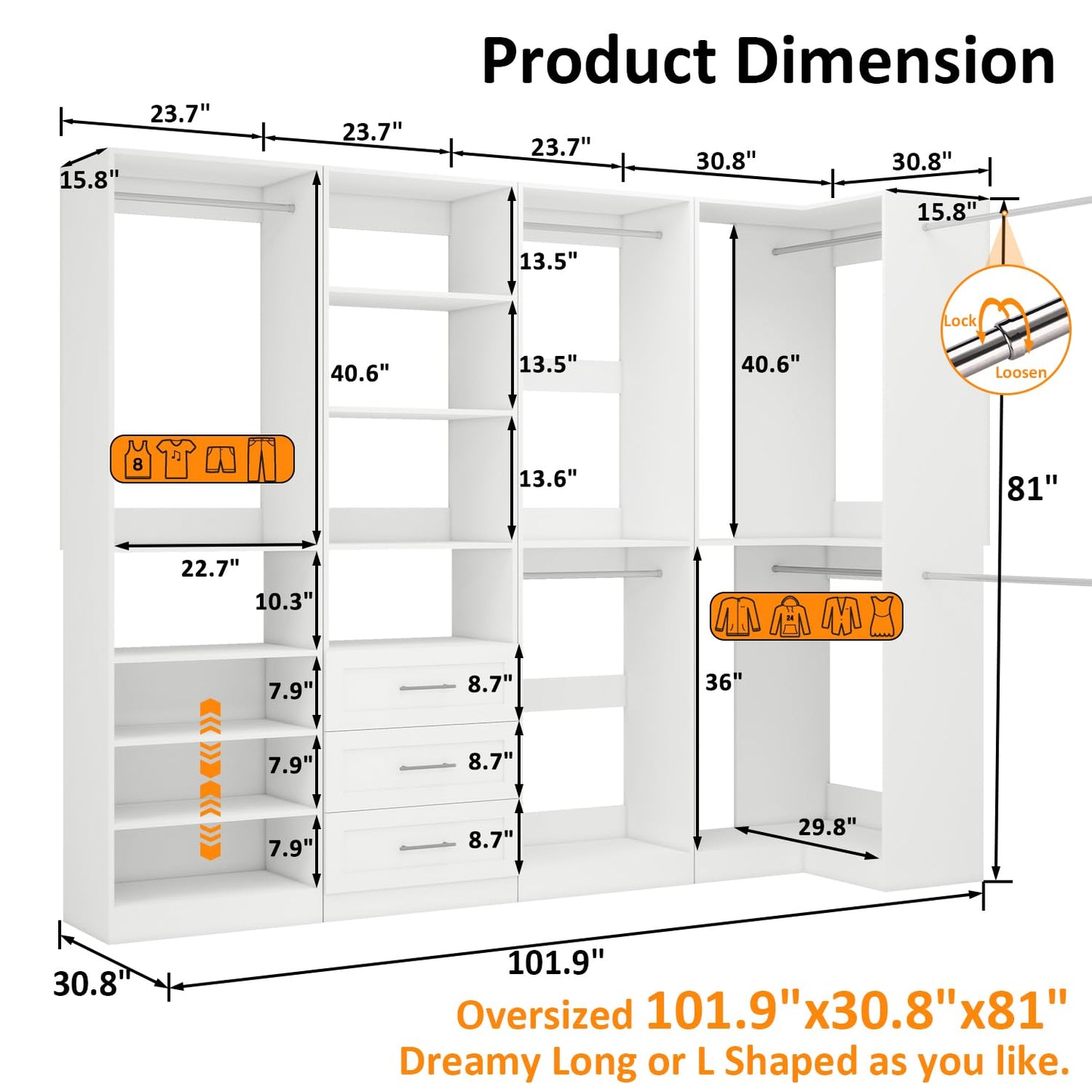 Sokiche Closet Organizer System of 4 Sets with 3 Drawers, 9 Hanging Rods & 8 Shelves, 157" Walk in Closet System, Corner Closet Organizer, Modular Standalone Closet, White