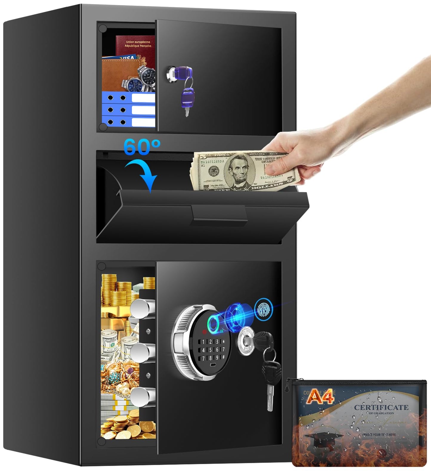 5.8 Cuft Biometric Depository Drop Safe for Business, Heavy Duty Fingerprint Safe Box with Quick Place Drop Slot, Digital Keypad and Spare Key, Drop Safes for Business Retail Mail Church