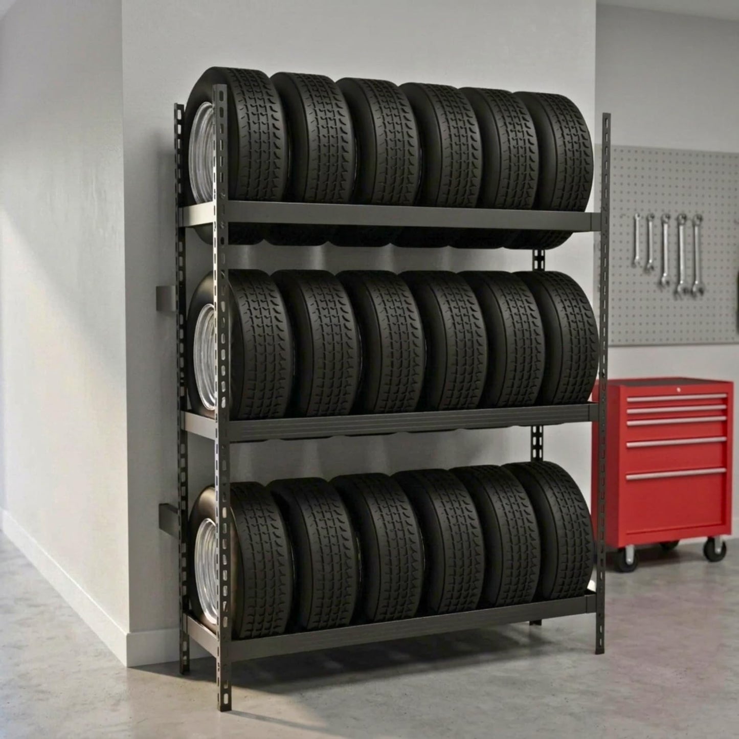ZUIWAN Wall Mounted 3-Tier Tire Rack, 78" L x 59" H x 18" D Heavy Duty Adjustable Steel Storage Shelf, 2200LBS Capacity with Anti-Tip Kit