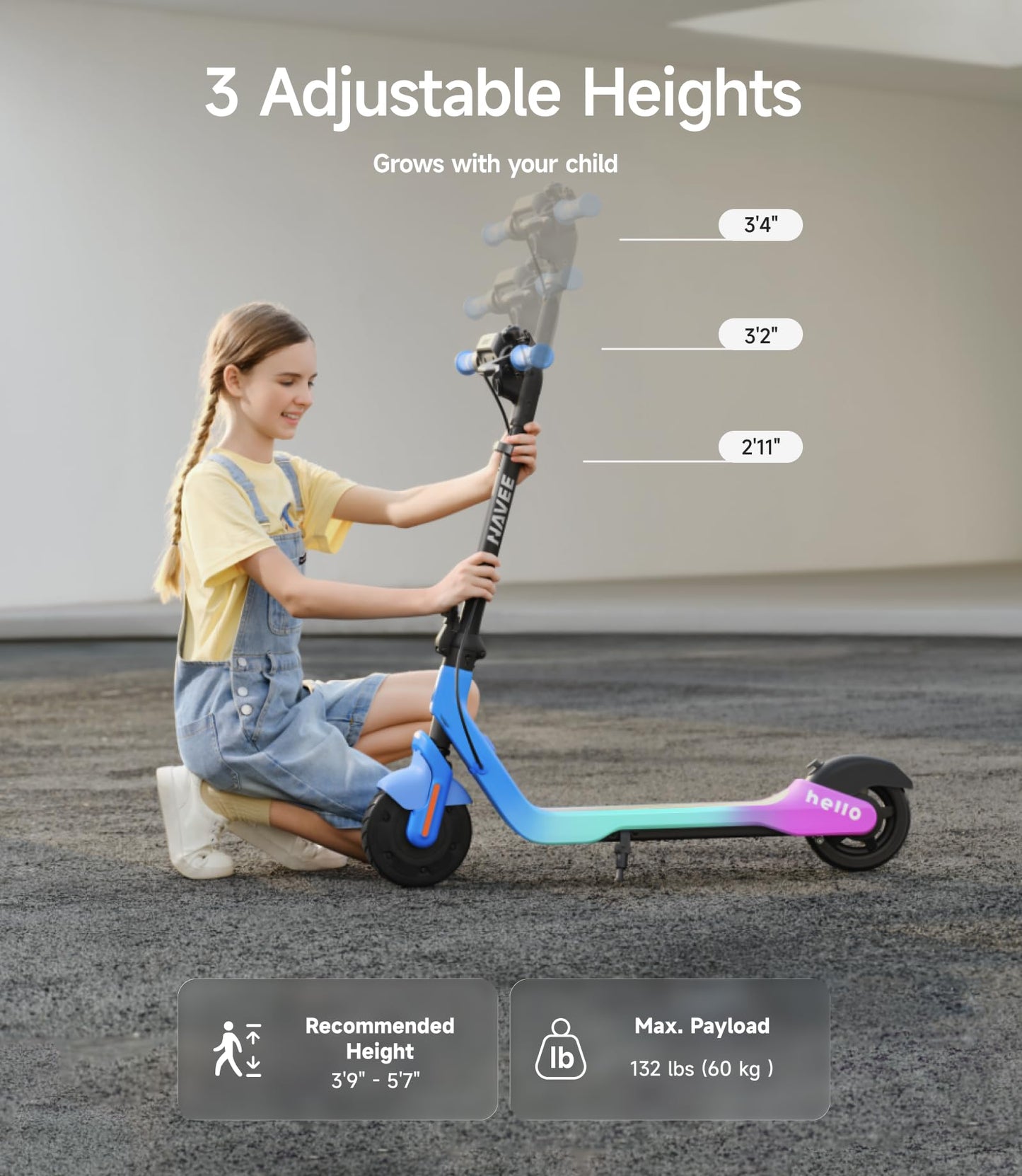 NAVEE K100 Max Electric Scooter for Kids - Parental APP Speed Control & 3-Level Adjustable Height for Ages 6-14, UL2272 Certified, 260W Motor & 10 mph, Perfect for Neighborhood Fun