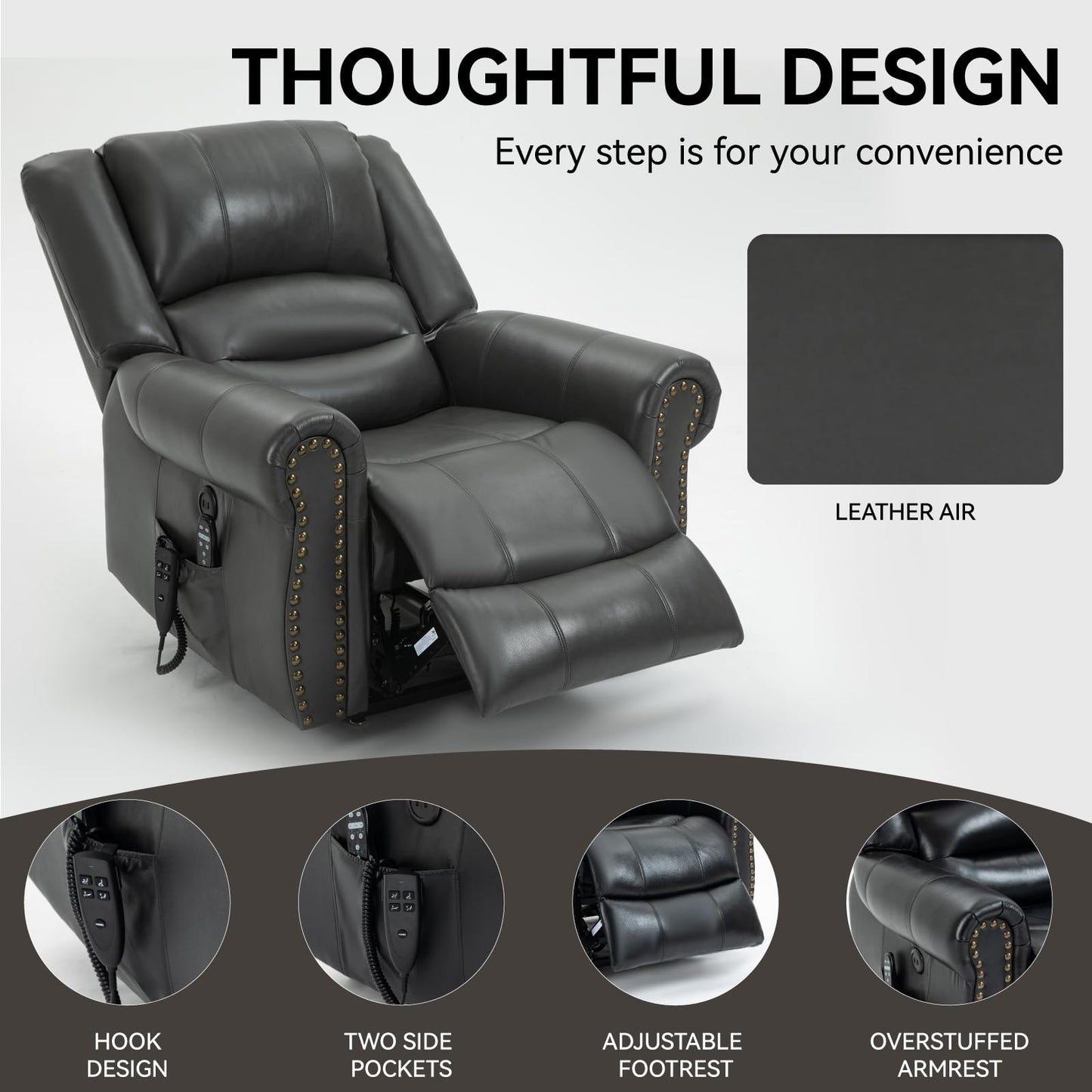 KEIKI Oversized Power Lift Recliner Rocking Chair for Adults, Faux Leather Mid Century Modern Accent Chair with Back Message & Heat USB Port, Adjustable Home Theater Seating for Living Room, Grey