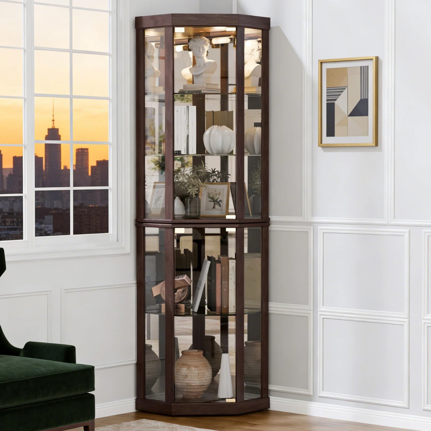 Topcomfy Corner Curio Cabinet, Lighted 3-Side Glass Display Curio Cabinet with Tempered Glass Doors & Adjustable Shelves, Wine Bar China Cabinet with Bulb for Living Room (Dark Cherry)