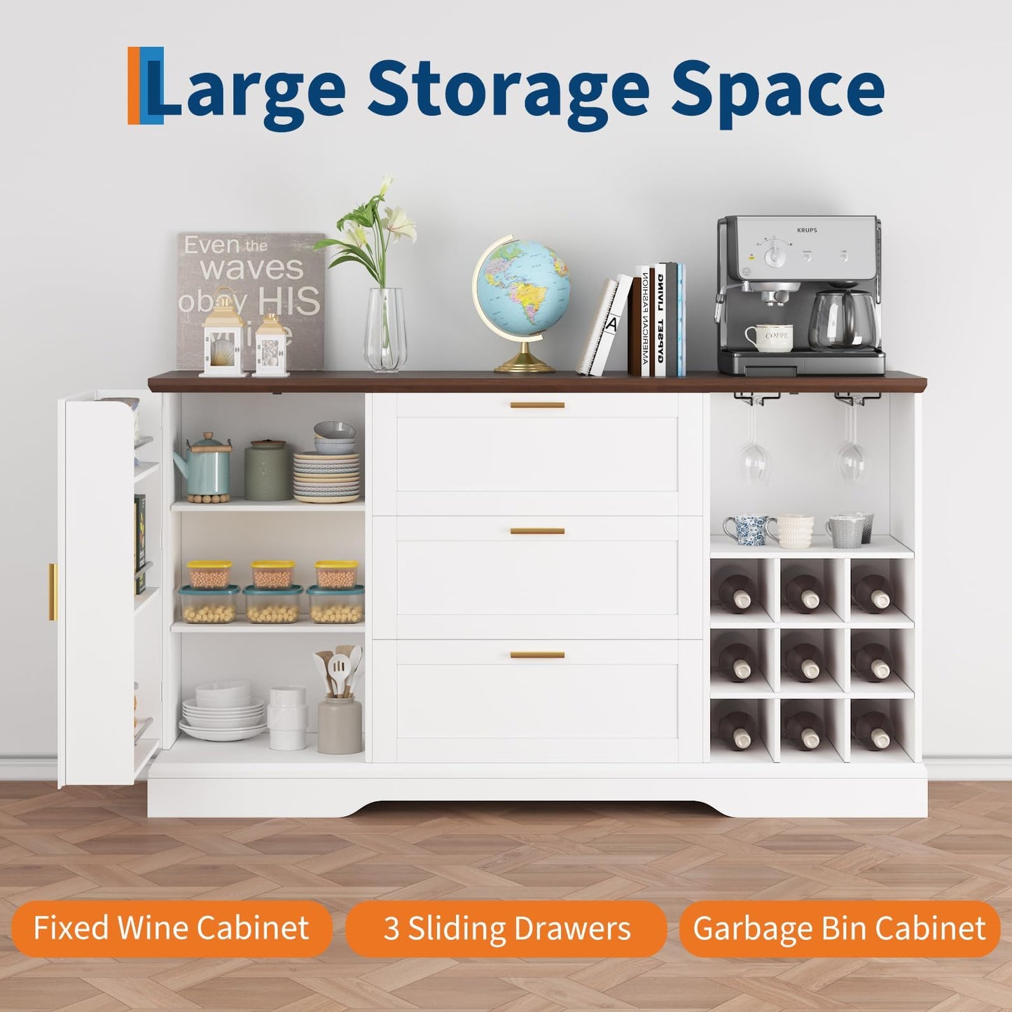 63 Inch Farmhouse Sideboard Buffet with Drawer Adjustable Shelves,Kitchen Island with Door-Back Rack for Snacks,Coffee Bar Buffet with Wine Racks Storage for Kitchen Entryway White and Walnut