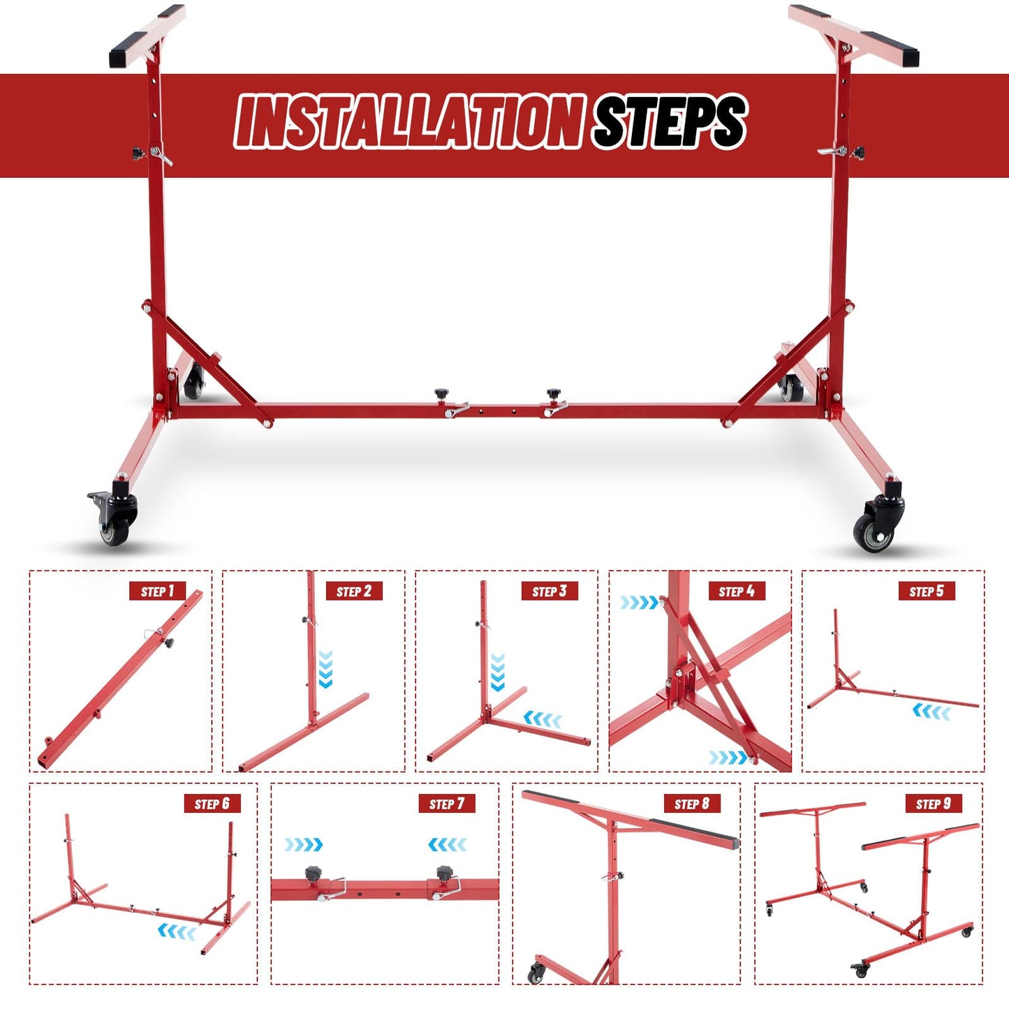 Aurelema Large Folding Pick up Bed Dolly Truck Bed Stand Auto Body Dolly that Holds up to 600 Lbs Red Automotive Body Cart Truck Lifter