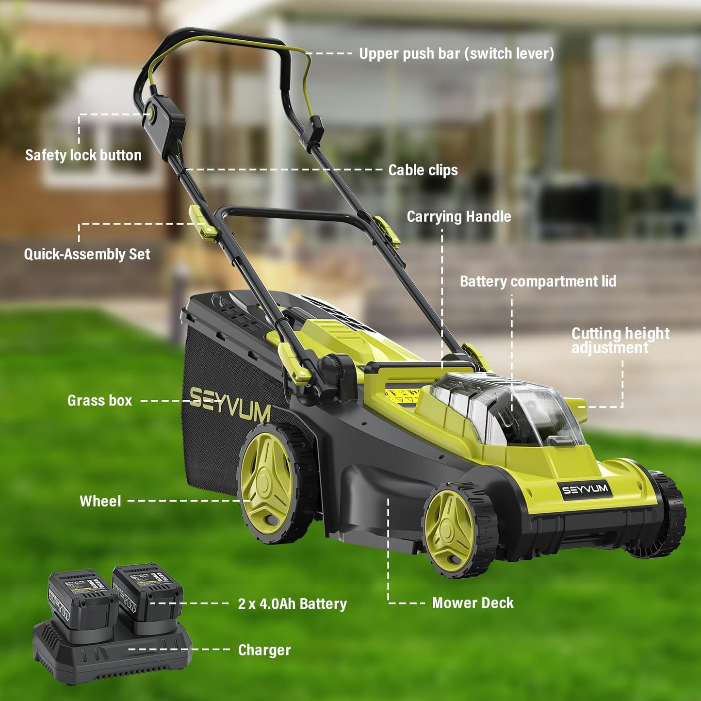 SEYVUM 40V 16-inch Cordless Lawn Mower with 45L Grass Collection Bag, 6 Position Height Adjustment Electric Lawn Mower, 2 x 20V 4.0Ah Battery Powered Push Lawnmower, 2.4A Fast Charger, Lemon Green