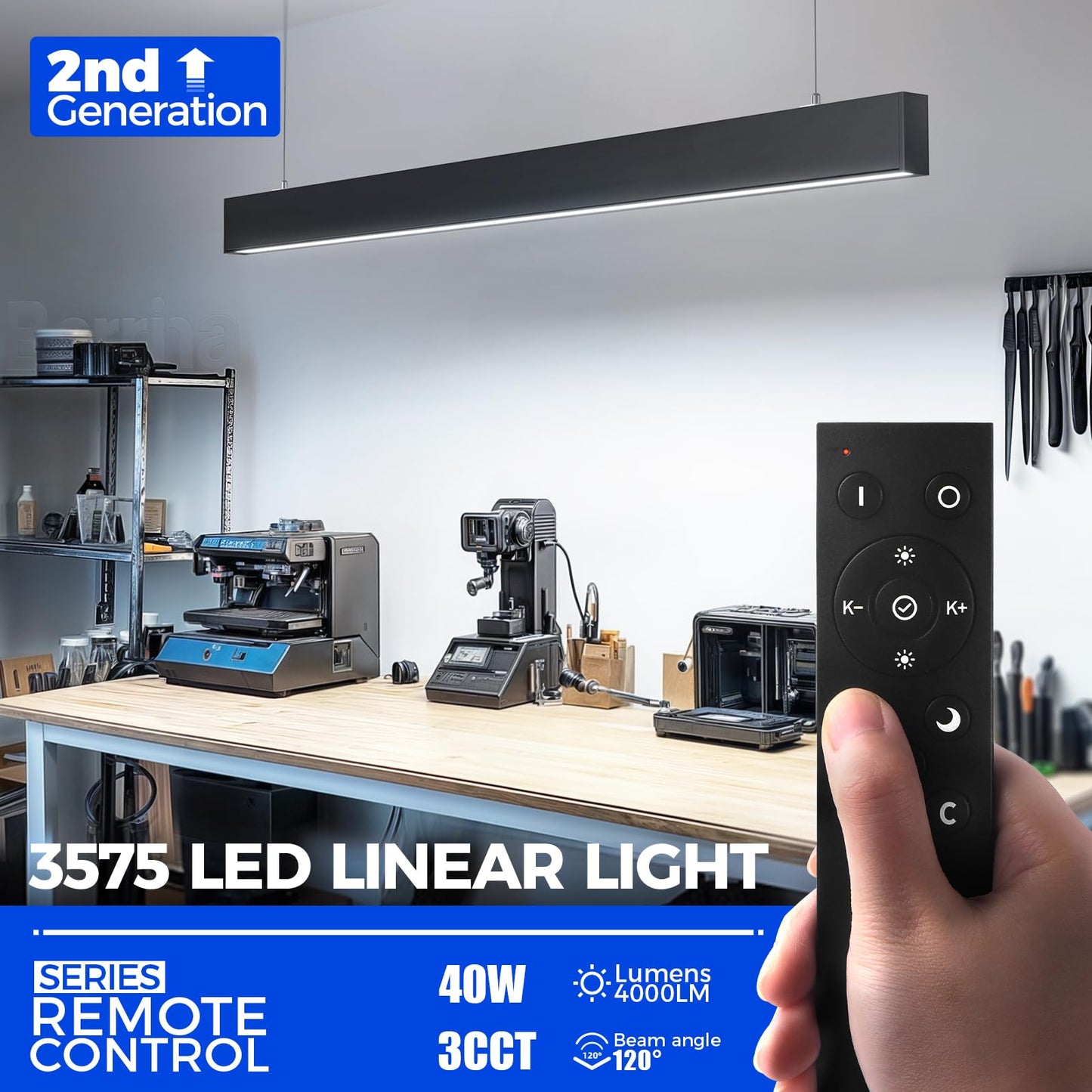 Barrina LED Linear Light Fixture, 40W, 4FT, Dimmable, Color Changing 3000K-6000K, Aluminum, 3575 Remote Series, Black,
