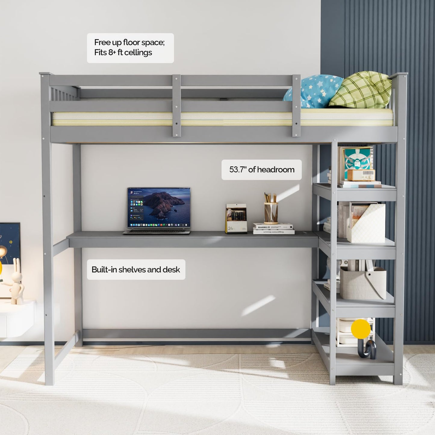 JOYMOR Bunk Bed with Desk and 4-Layer Shelves, Loft Bed Twin Size with Under Desk and Bookcase Storage, Twin Bed Frame for Kids, Adults& Young Teens