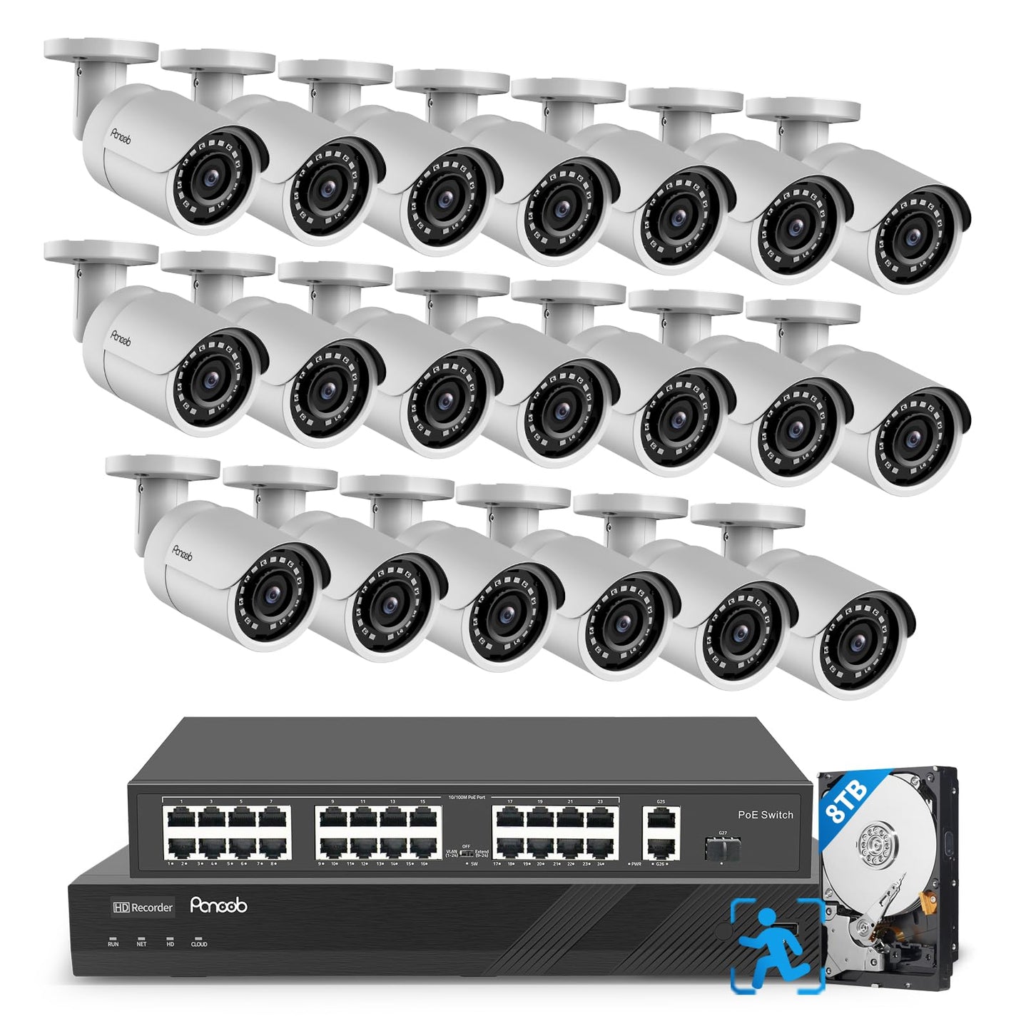 PANOOB 32 Channel Security Camera System 4K, 20pcs 8MP Wired Outdoor Home Surveillance IP PoE Cameras with Human Vehicle Detection, Remote Playback Built-in Mic, 4K 32CH NVR 8TB HDD, PB37F2032-8M