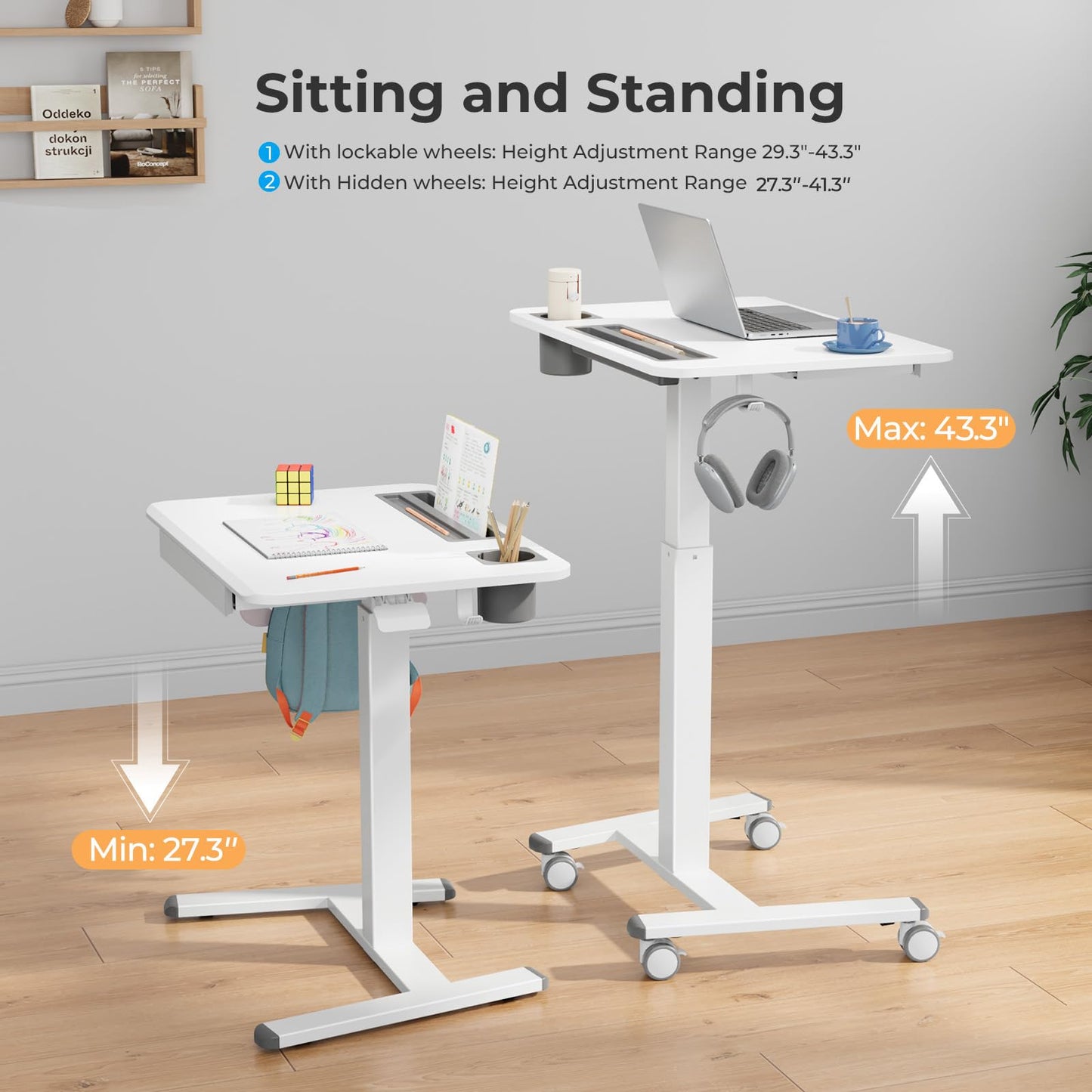 JYLH JOYSEEKER Mobile Standing Desk with Drawer, 28" Rolling Desk with Cup Holder and Hooks, Portable Laptop Cart on Wheels, Height Adjustable Workstation with Storage for Home Office, White